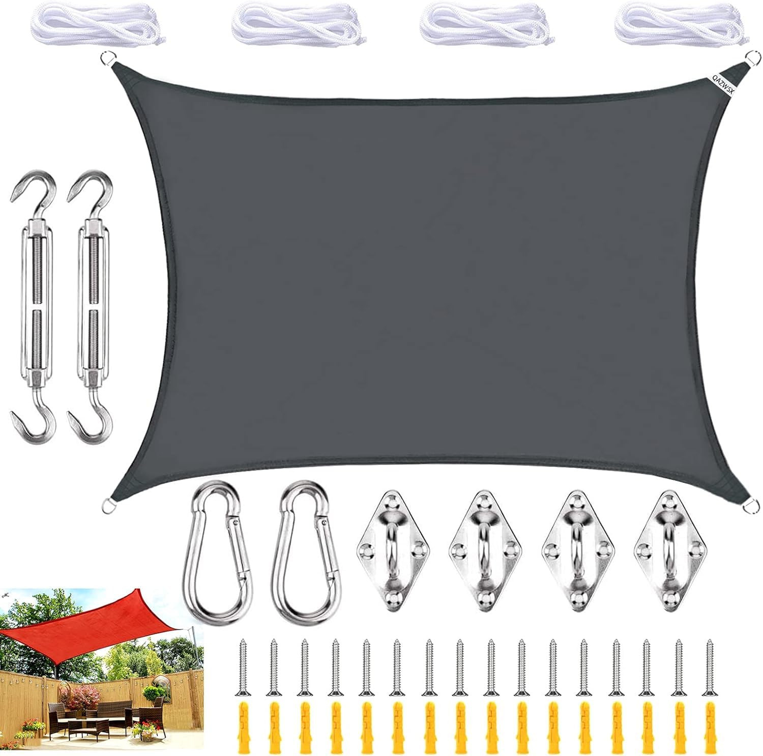 Garden Rectangle Sun Shade Sail, Canopy Waterproof Sun Shade Awning 98% UV Block, with Fixing Kit, Large, for Outdoor Patio Beach (Size:2x4m(6.5x13ft),Color:Dark Gray)