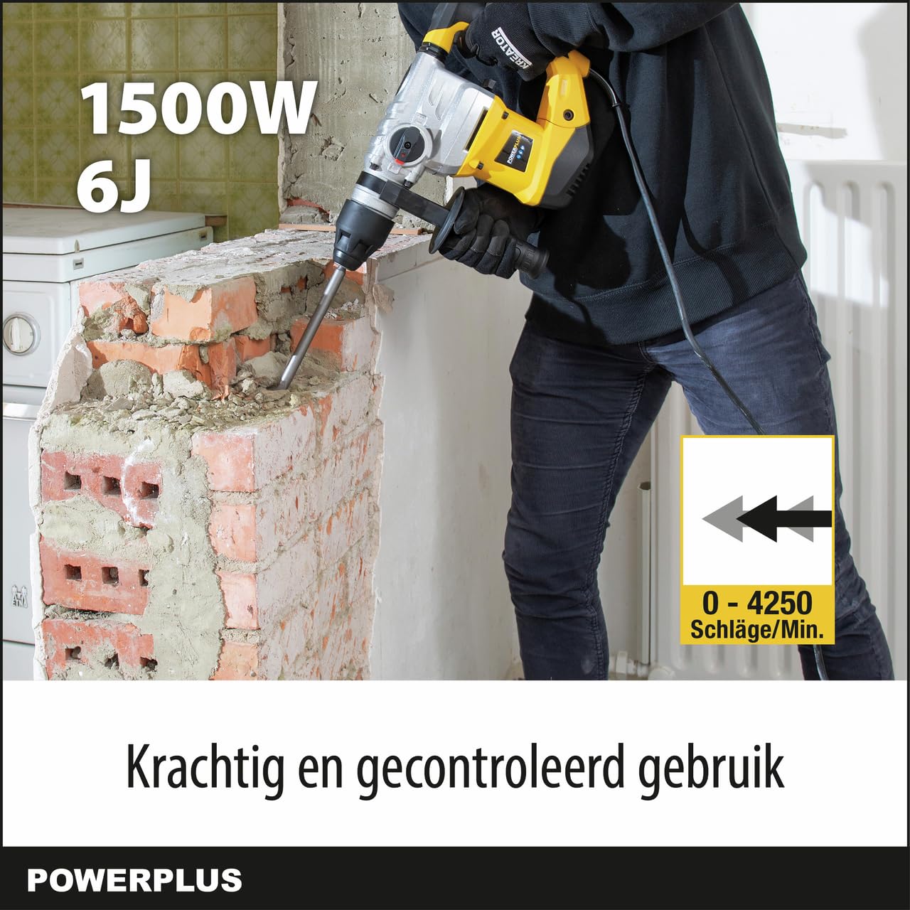 POWERPLUS Martillo percutor POWX1195-1500W, perforando, percutiendo, cincelando y rotación del cincel