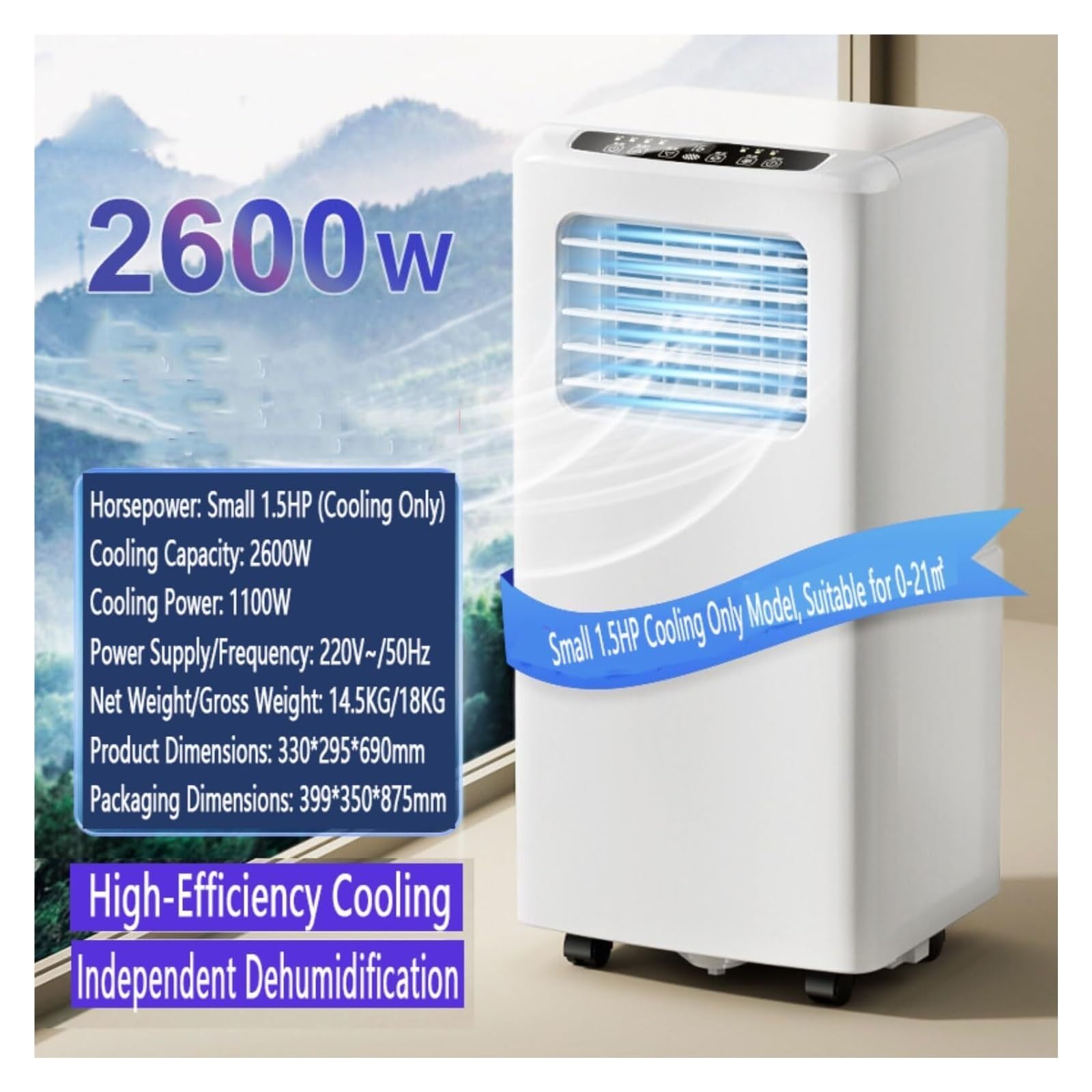 Condizionatore portatile, For ambienti di grandi dimensioni, climatizzazione intelligente con telecomando e kit finestra, raffreddamento rapido(2600W)