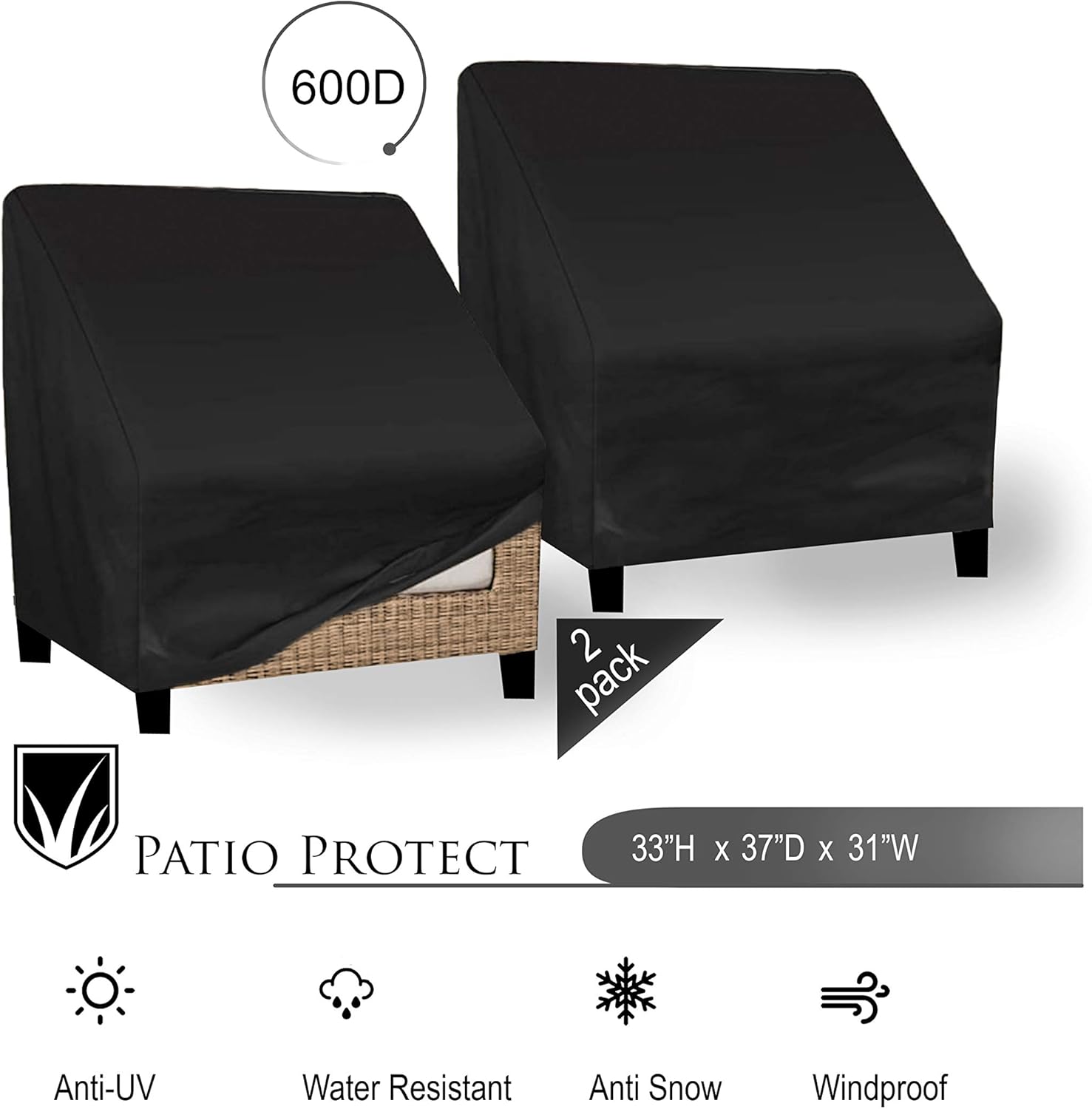 Patio Chair Covers (2 Pack) - Heavy Duty Waterproof Outdoor Chair Covers in Black - Patio Furniture Cover Size H37 x L33 x W31 Per Cover : Patio, Lawn & Garden
