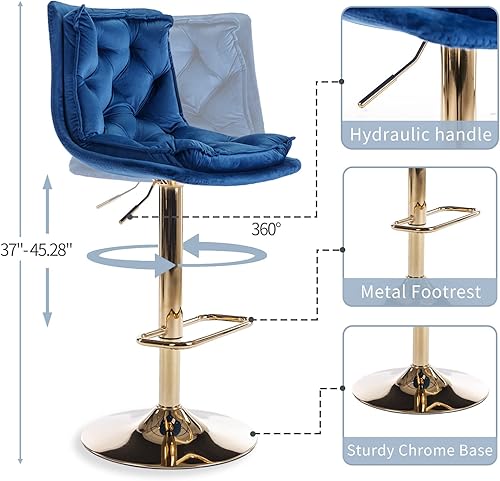 Miniatura 3 de Homtique Morden - Juego de 2 taburetes de bar giratorios ajustables tapizados de terciopelo con anillo de tirón, sillas de isla de cocina sin