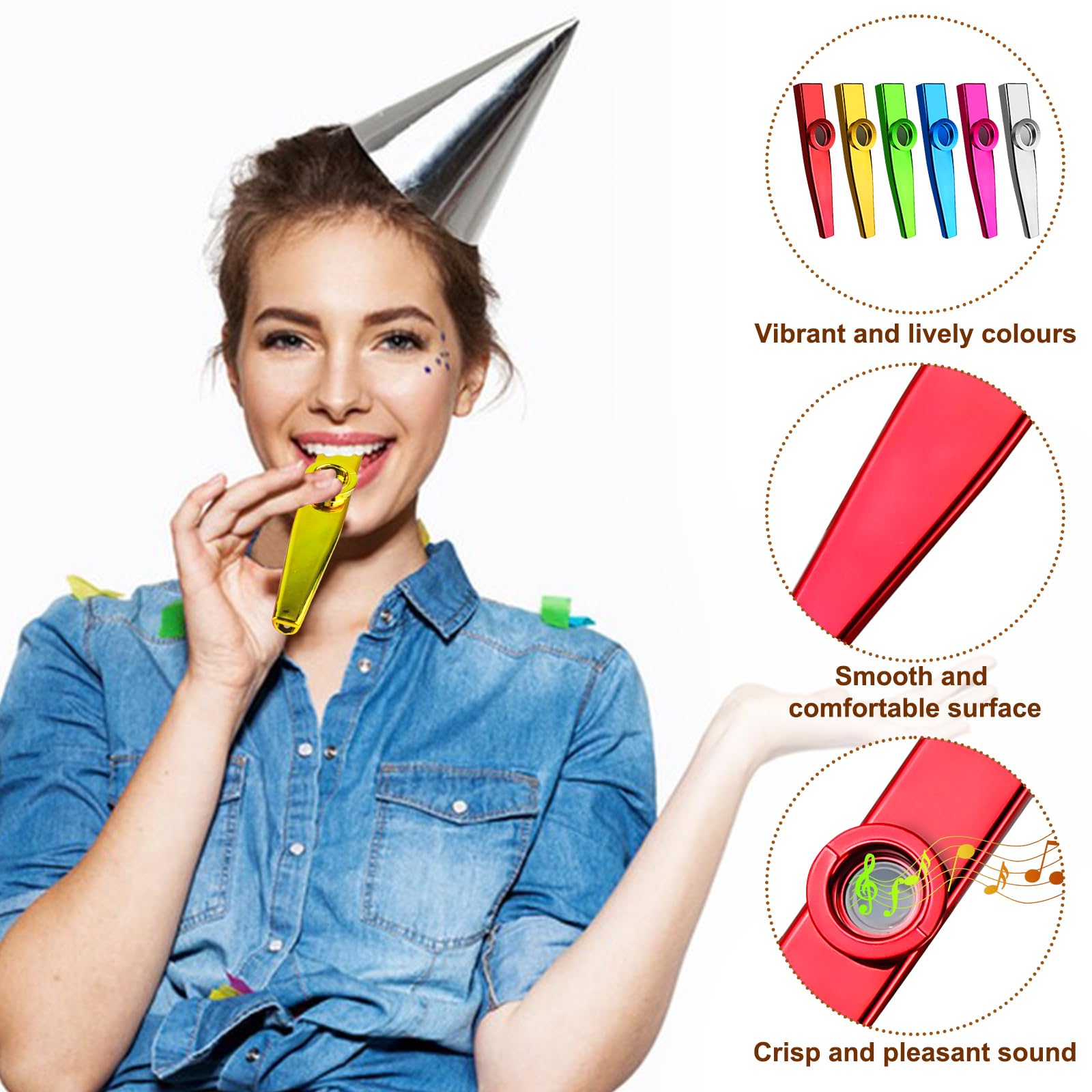 6 Pezzi Colorato Kazoo Instrument, Kazoo Strumento Musicale Professionale per Adulti, Amanti Musicali (Blu, Rosso, Verde, Oro, Viola, Argento)
