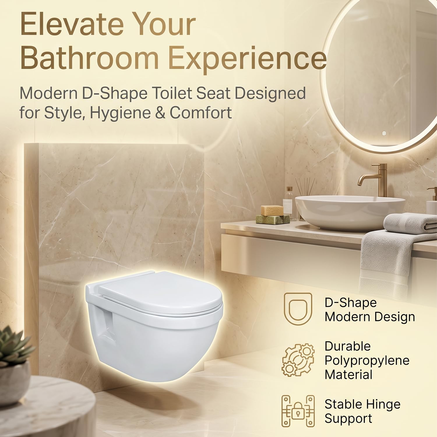 ELEGANT CASA Polypropylene Soft Closing Toilet Seat/Western Toilet Seats Cover for Bathroom/seat for Commode with Stable Hinges- D Shape Design Colour (Glossy White)-1 Set 2