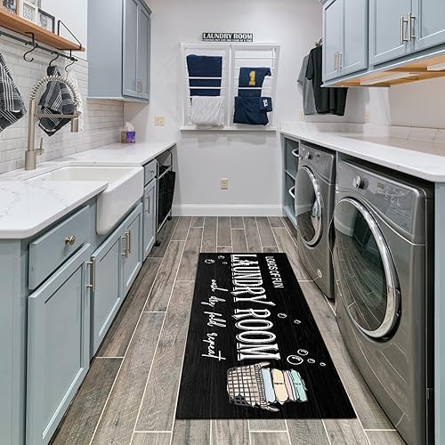 Miniatura 3 de Alfombra antideslizante para lavandería, decoración de lavandería, alfombra lavable para lavandería, baño, cocina, 17 x 47 pulgadas, azul