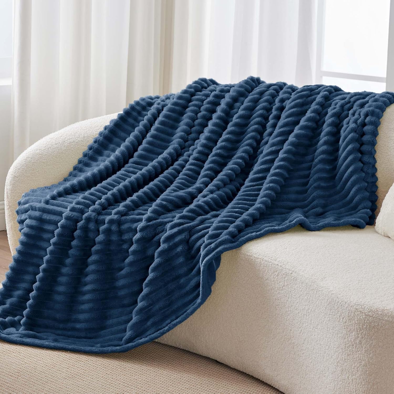 BEDELITE Fluffy Fleece Throw Blanket, Striped Decorative Soft Warm Gift for Sofa Bed Couch, Queen Size, Navy Blue
