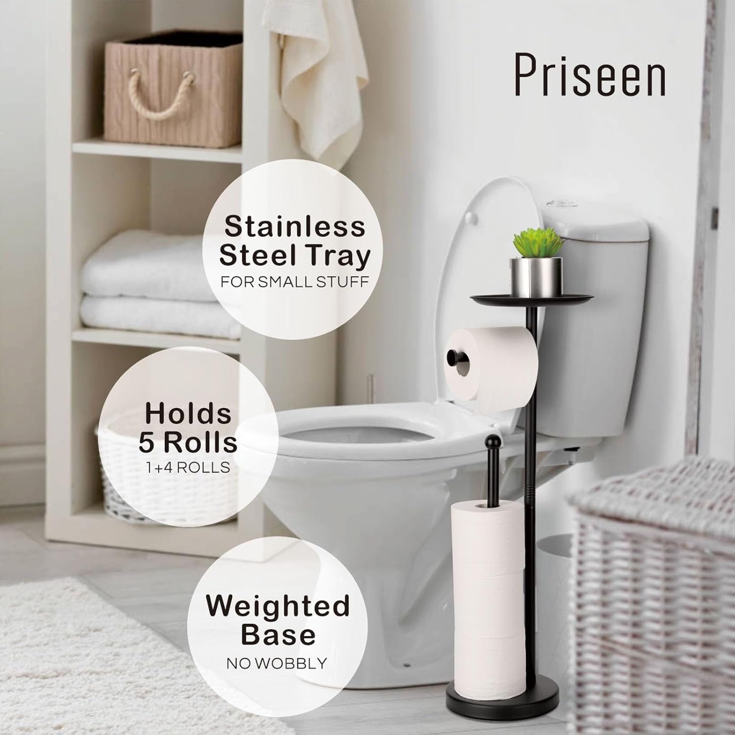 Toilet Paper Holder Stand with Phone Shelf, Freestanding TP Holder, Holds 5 Rolls, Stainless Steel (Black)