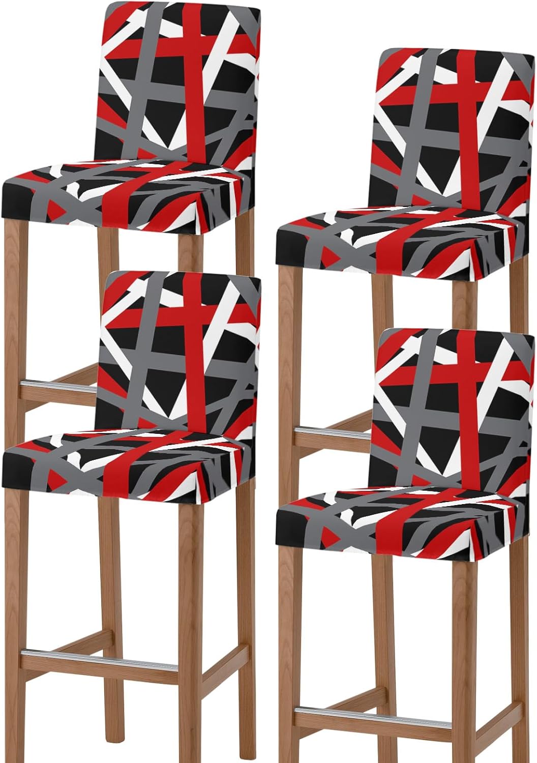Red Black Grey Geometric Bar Stool Covers Set of 4 Stretch Dining Chair Cover