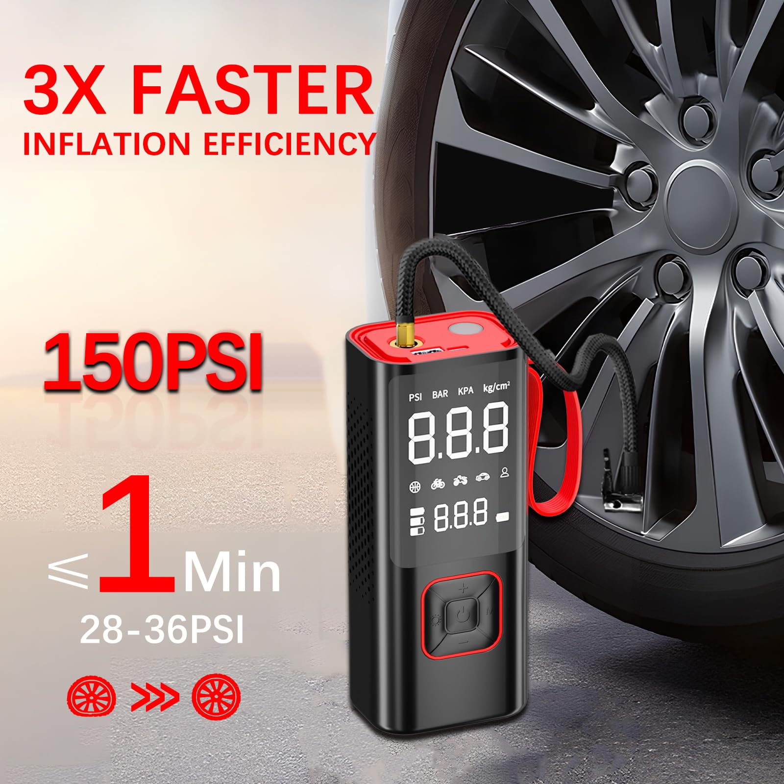 Compressore Aria Portatile 20000mAh Fino A 150 PSI - 5 Modalità Di Gonfiaggio, Torcia LED, Power Bank, Per Auto, Moto E Biciclette