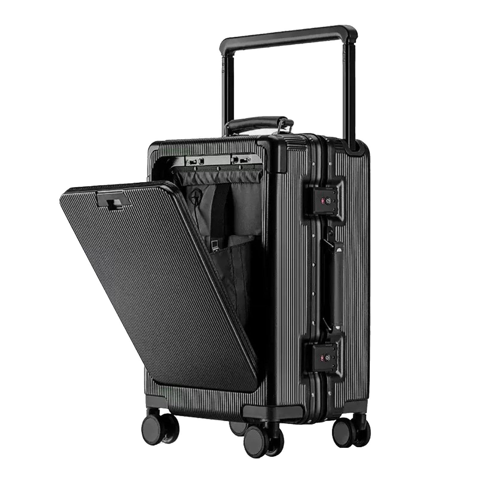 BEITH Otwarta walizka podróżna z przodu, BS849-2 aluminiowa rama twarda walizka uchwyt na kubek, USB, typ C, duży drążek podnoszący, obudowa PC, ciche koło 360°, zamek celny TSA