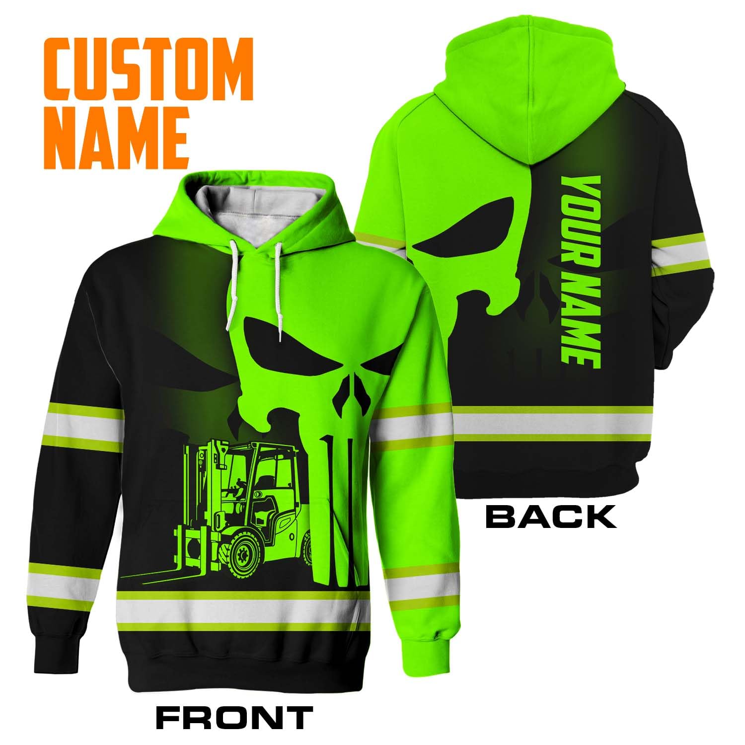 Matedecor Safety Hoodie Skull with Shadow Forklift Customize Name High Visibility Hoodie for Men Reflective Hoodie Hi Vis Hoodie Workwear for Runners, Walkers, Trucker, Operator, Patriotic-XL