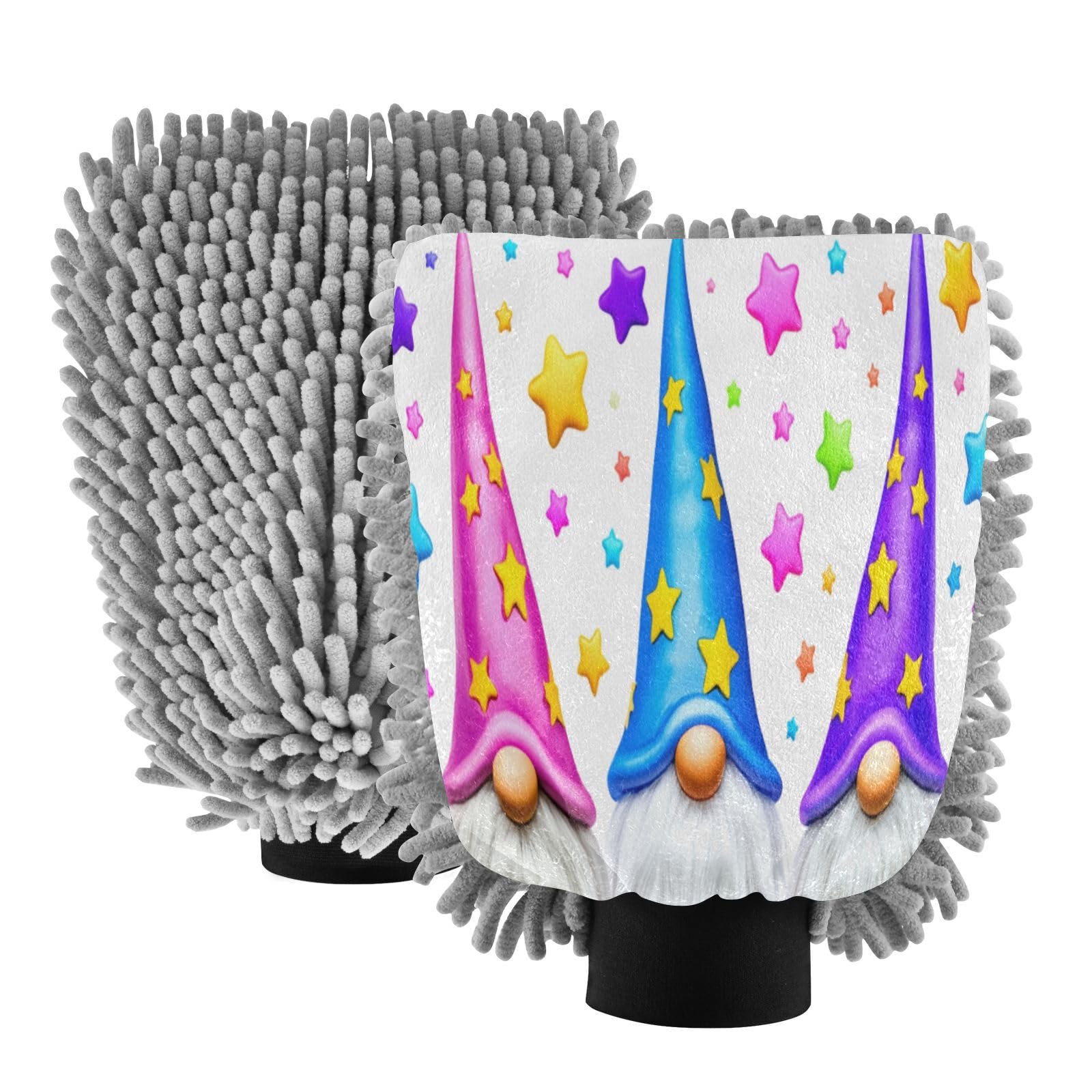 Kigai Three Cute Gnomes Car Wash Mitt Microfiber, 2Pcs Scratch Free Lint-Free, Premium Chenille Microfiber Mitt Car Wash Brush-M