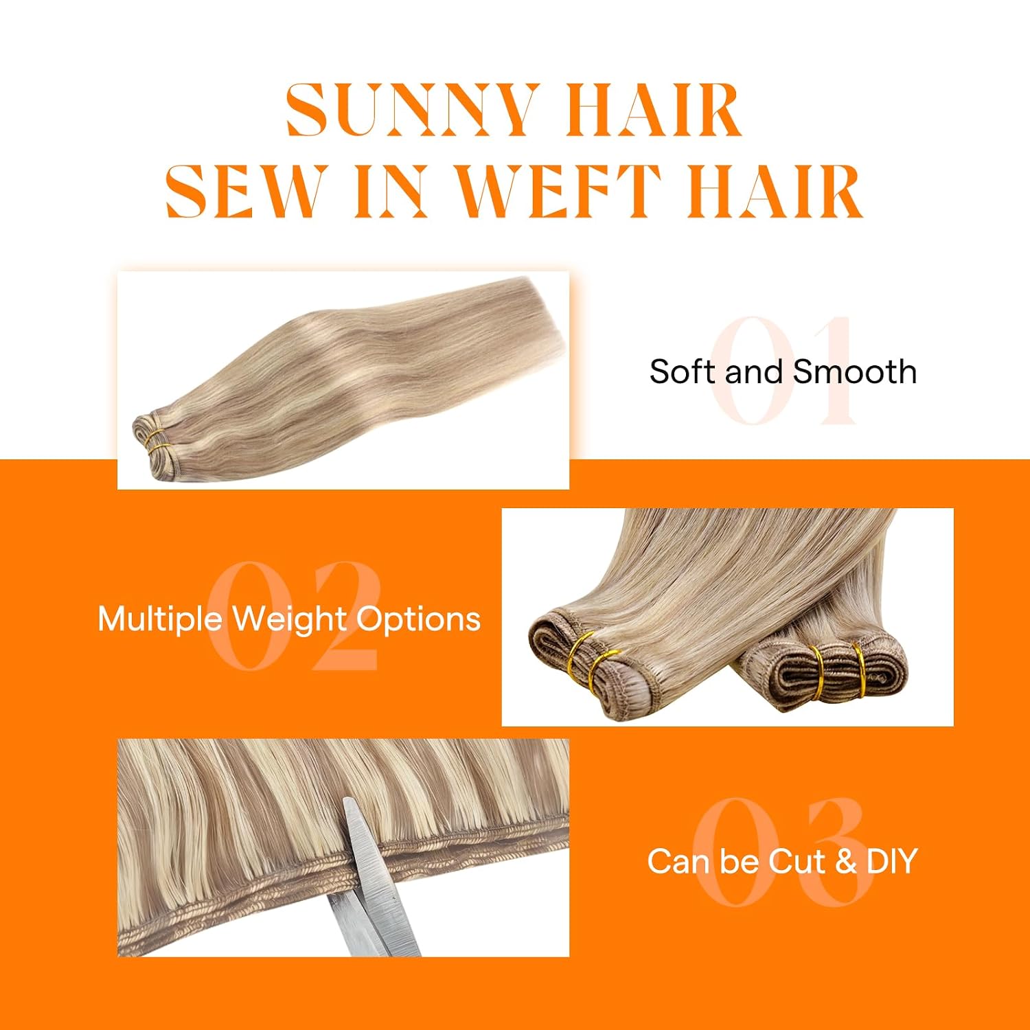 Sunny Hair Sew in Hair Extensions Real Human Hair 100G Double-Wefted Golden Blonde Mix Medium Blonde Highlights 18 Inch Long Straight Add Volume Can be Styled