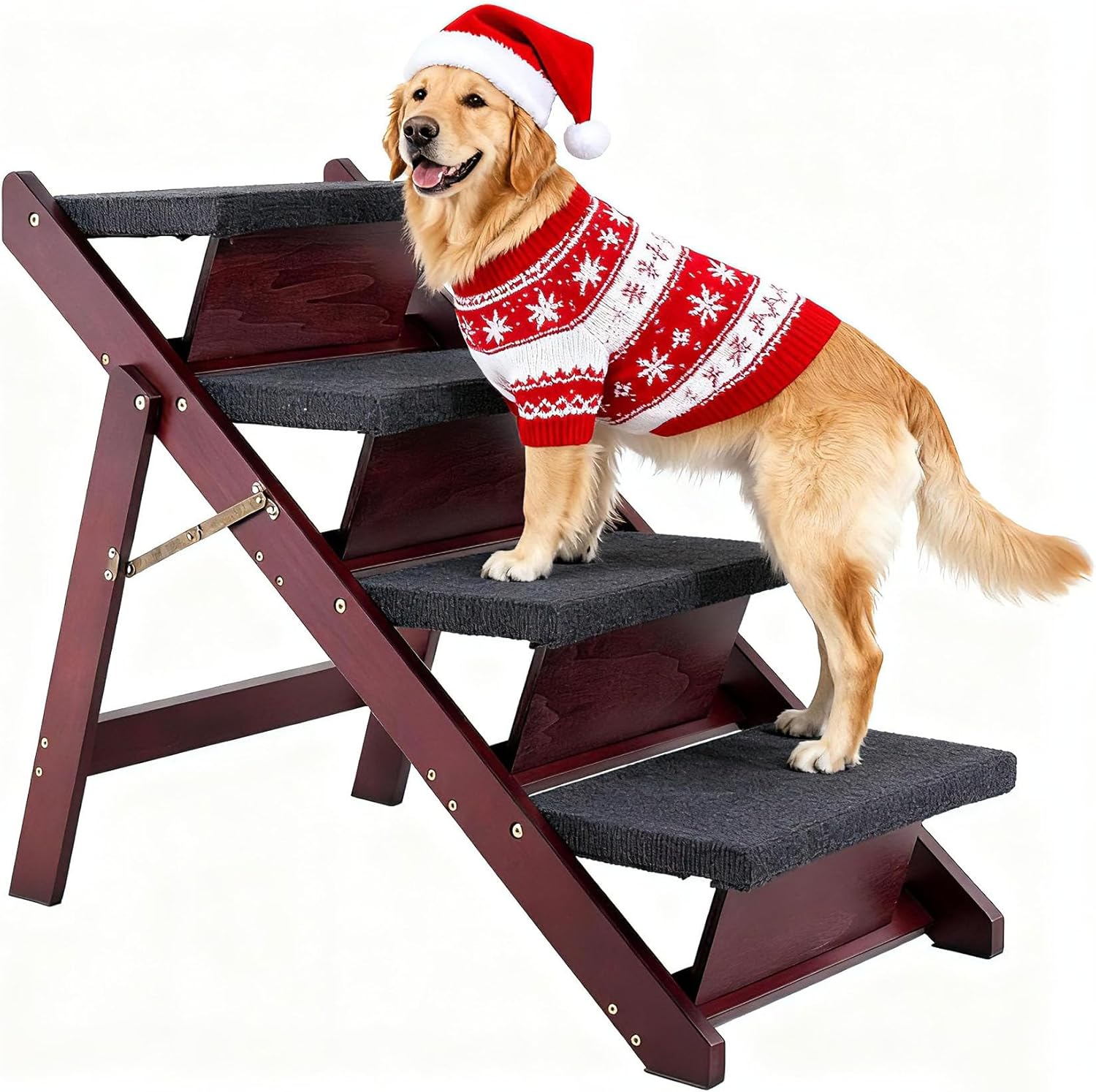 MEWANG Wooden Pet Stairs/Pet Steps - 3-in-1 Foldable Stairs & Ramp for Tall Beds and Cars - Portable Dog/Cat Ladder Up to 220 Pounds - for Small and Older Animals(Brown) (31.5" L x 17.2" W x 25.0" H) 4 Steps – For Standard & High Beds (23–31 in) 1 31.5" L x 17.2" W x 25.0" H