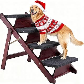 MEWANG Wooden Pet Stairs/Pet Steps - 3-in-1 Foldable Stairs & Ramp for Tall Beds and Cars - Portable Dog/Cat Ladder Up to 220 Pounds - for Small and Older Animals(Brown) (31.5" L x 17.2" W x 25.0" H)