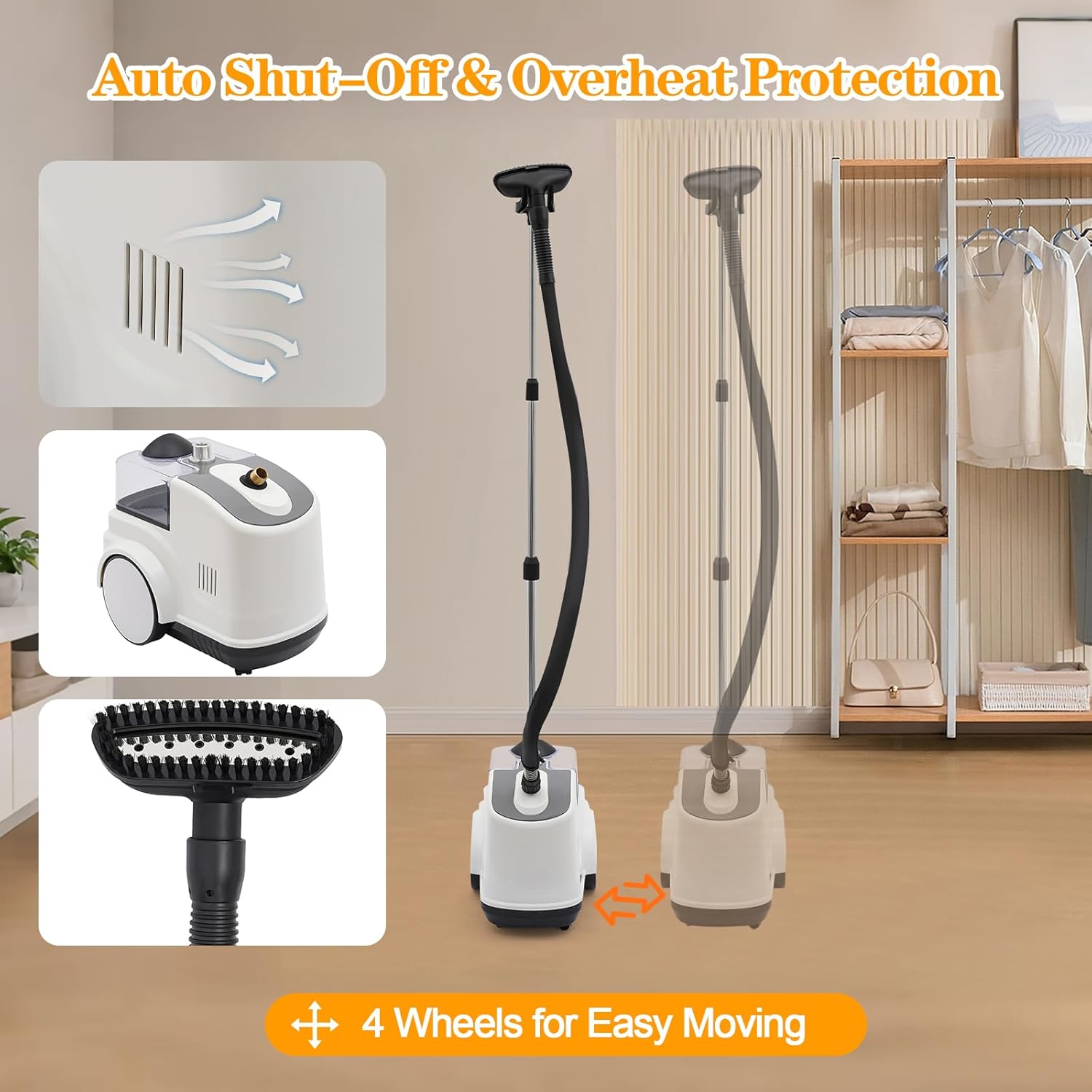 Professional Standing Steamer, 1500W Powerful Standing Garment Steamer for Clothes with Roll Wheels, 3L Water Tank for 90 Mins Continuous Steaming, 45S Fast Heat-up Standing Clothes Steamer