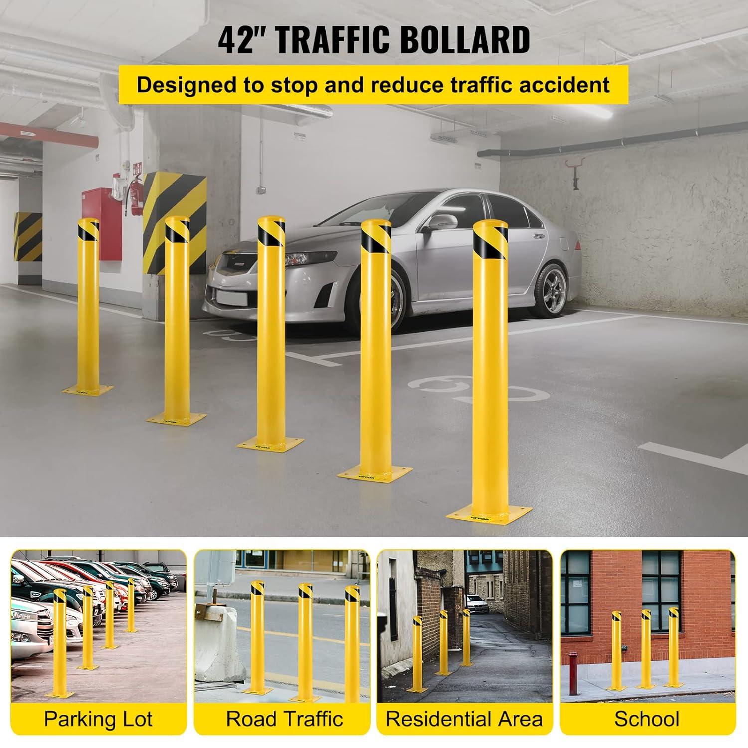 BestEquip 42-5.5 Safety Bollard, 5-1/2" OD Safety Barrier Bollard, 42" Height Yellow Powder Coat Pipe Steel Safety Barrier, with 4 Free Anchor Bolts, for Traffic-Sensitive Area