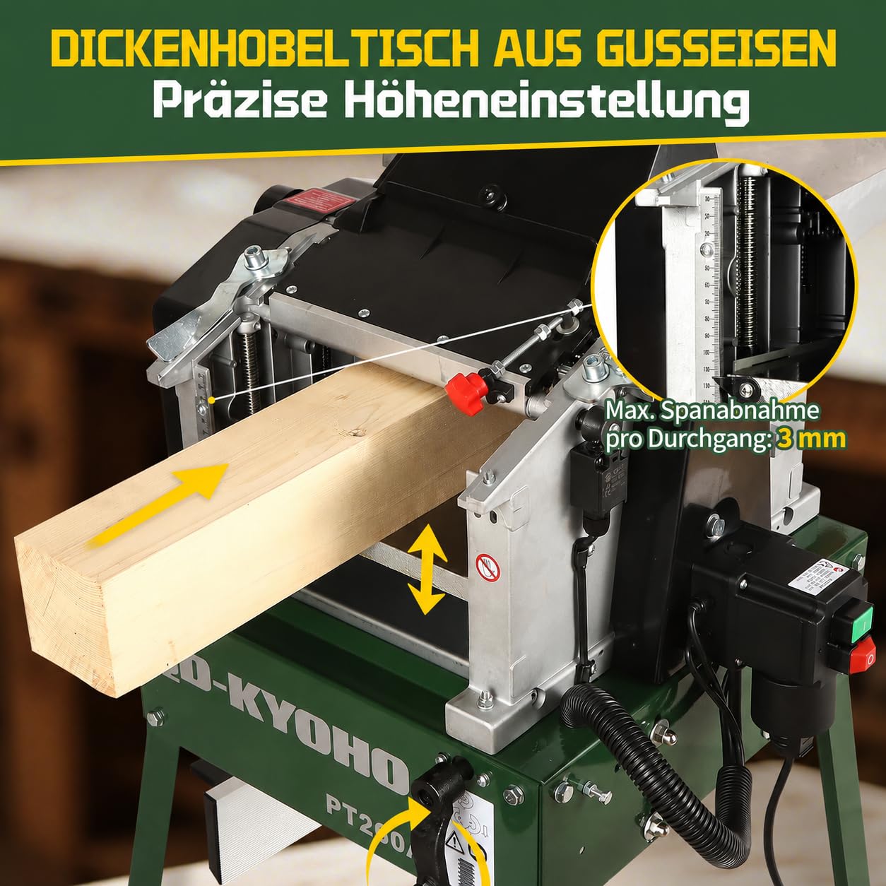 PT260A Hobelmaschine, Abricht- & Dickenhobelmaschine, 2200 W, 260 mm Hobelbreite, 160 mm Durchlasshöhe, 6500 U/min, 3 mm Spanabnahme, Abrichtanschlag, kompakt & mobil