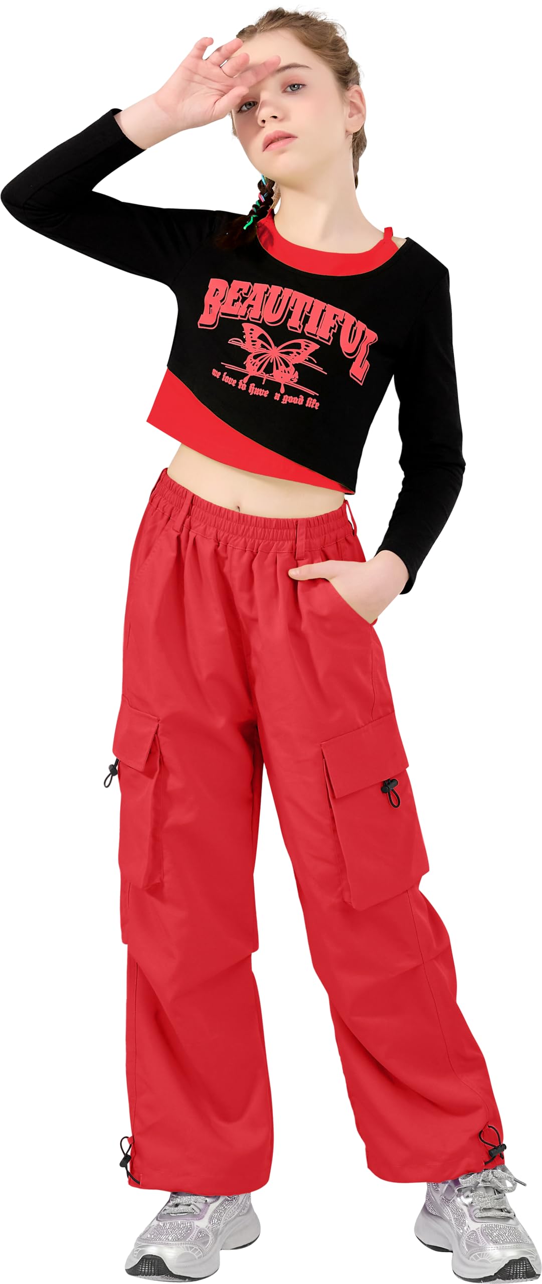 LOLANTA Conjunto Hip Hop para Niñas, Top Corto Estampado & Pantalones Cargo, Conjunto de Danza, Streetwear Moderno