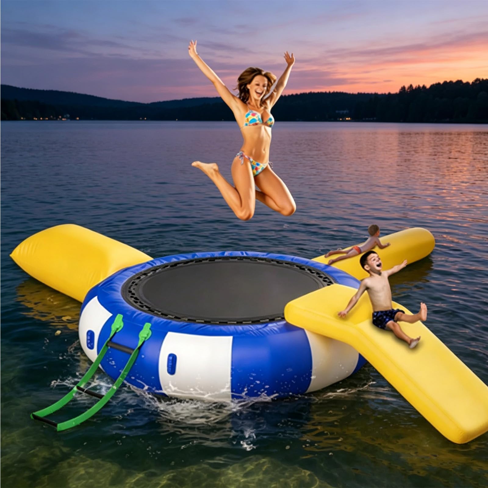 NSACMD ,10FT,Inflatable Water Trampoline & PVC Lake Bouncer – Family Water Park Equipment with Slides, Durable Floating Platform for Lake & Pool, Recreational Fun for Adults