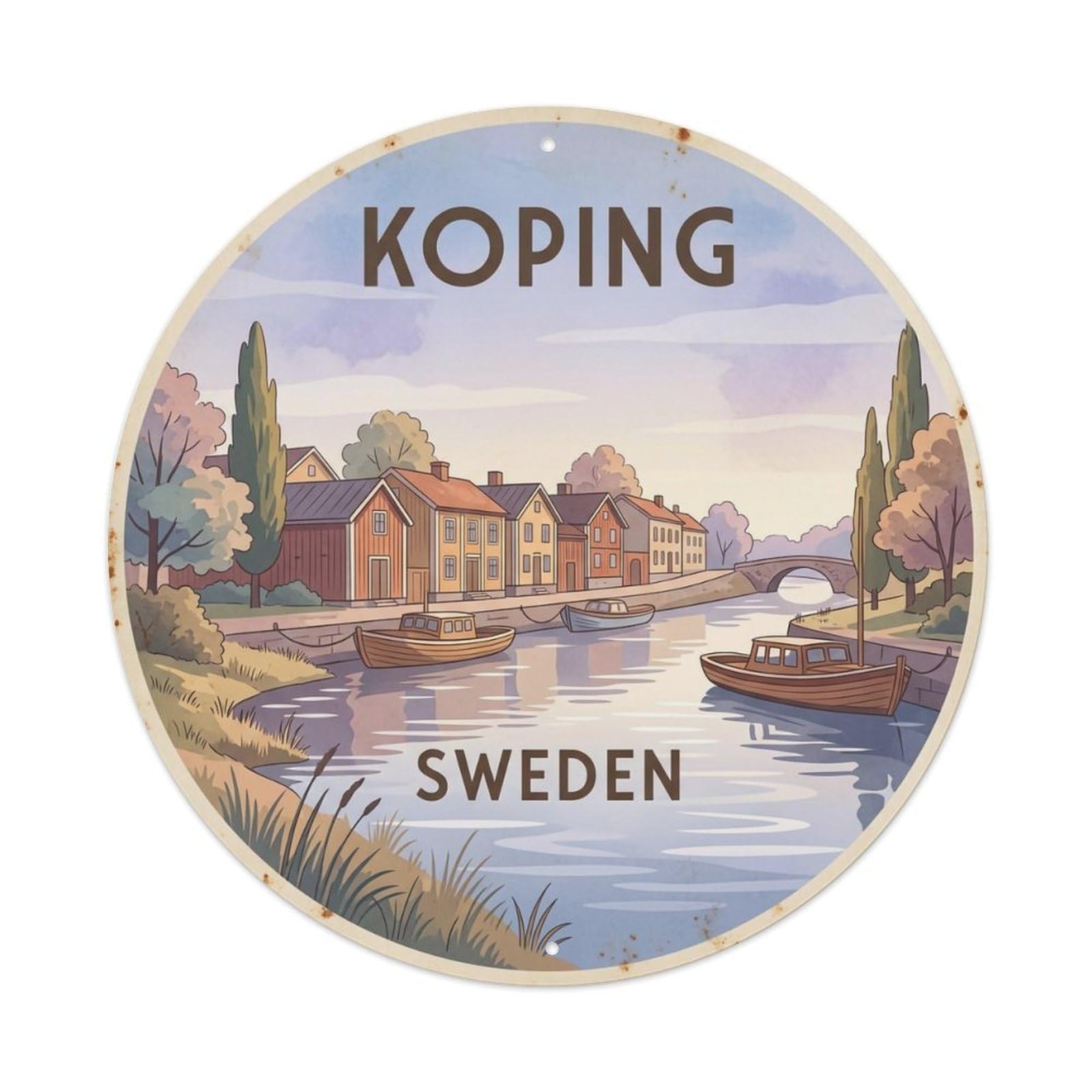 Vintage Travel Koping Sweden Riverside Metal Tin Sign