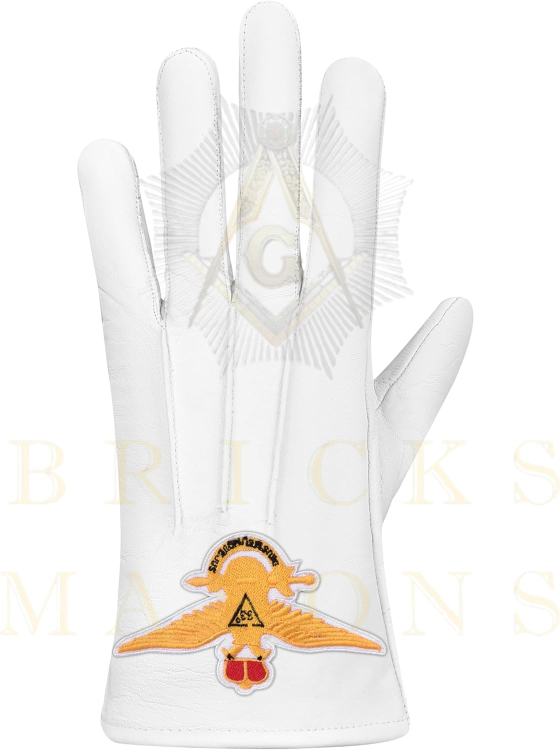 Bricks Masons White Leather Formal Gloves with Machine Embroidered Eagle Patch – Button Closure