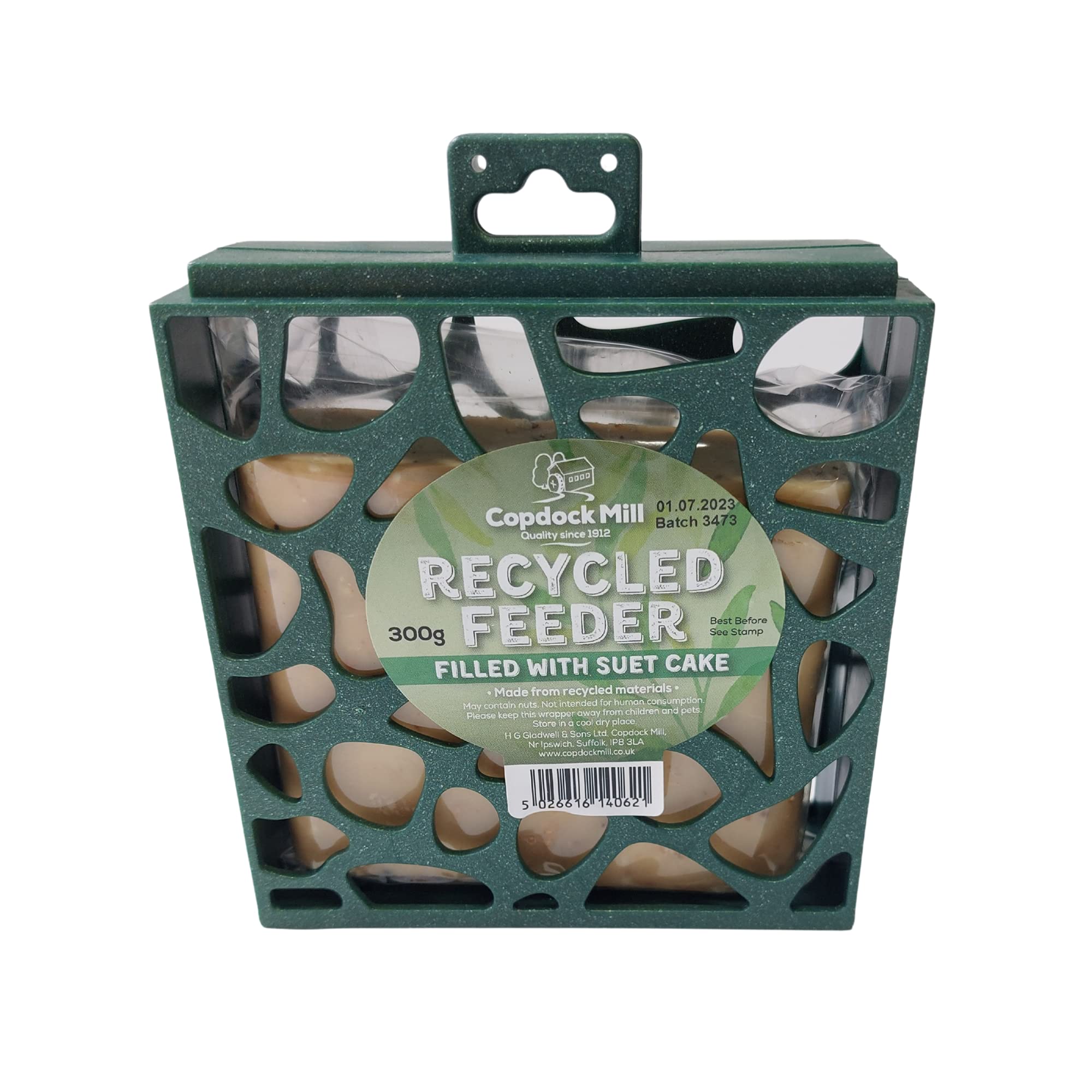 Copdock Mill Recycled Small Bird Feeder Filled With Wild Bird Food Suet Cake, 360g – Made From Recycled Materials – Outdoor Feeder Station With Strong Plastic Hanger – Easy Food Refill Feeders