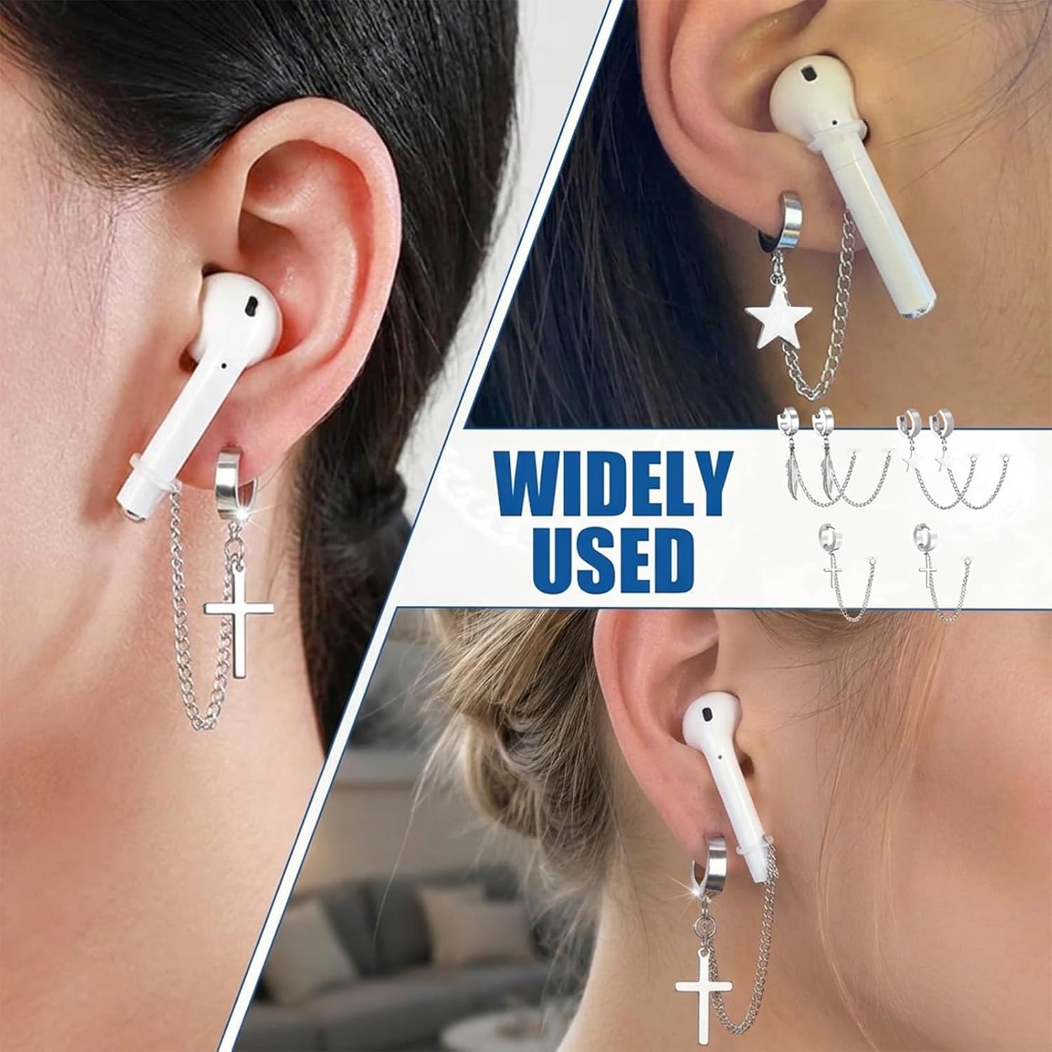 3 Pairs Hearing Aids Clips Silver Ear Clip Classic Star Feather Designs Anti-Lost Lanyard Protector Jewelry for Cochlear Implant & Hearing Aid Users