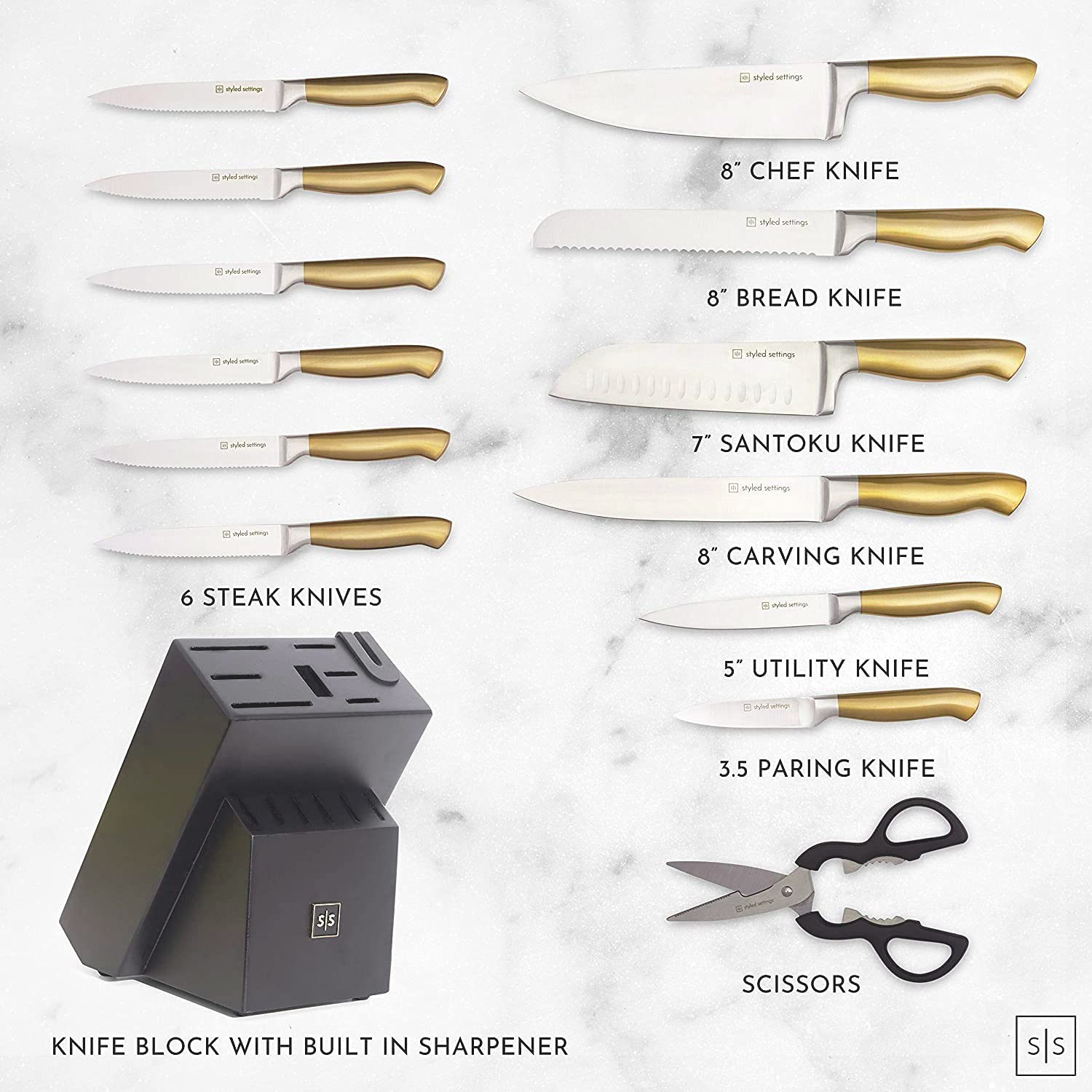Buy Gold Knife Set with Block 14 Piece Black and Gold Knife Set with