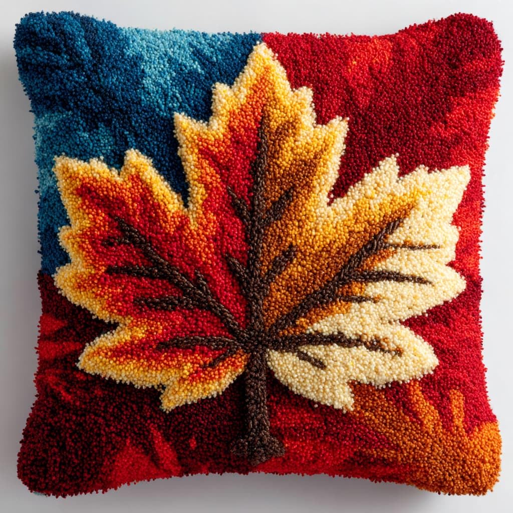 Taxpy DIY Latch Hook Pillow Kits, Red Maple Leaves Throw Pillow Cover Pre-Printed Patterns Pillowcase Needlework Crochet Yarns Latch Hooking Cushion for Sofa Decor 17x17inch
