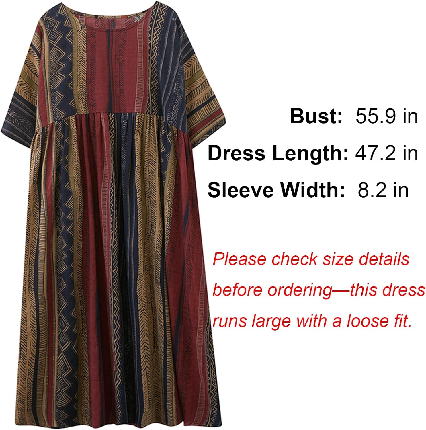 Women Summer Casual Loose Dress Plus Size Boho Dresses Vintage Striped Print Round Neck Short Sleeve with Side Pocket - Image 4