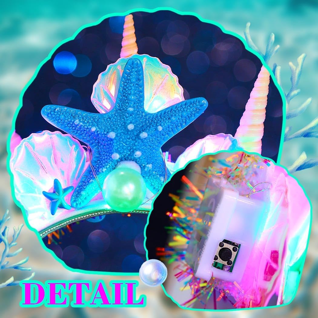 Zoestar Light Up Mermaid Costume Headband Led Seashell Hair Band Glowing Party Hair Accessories for Women - Image 6