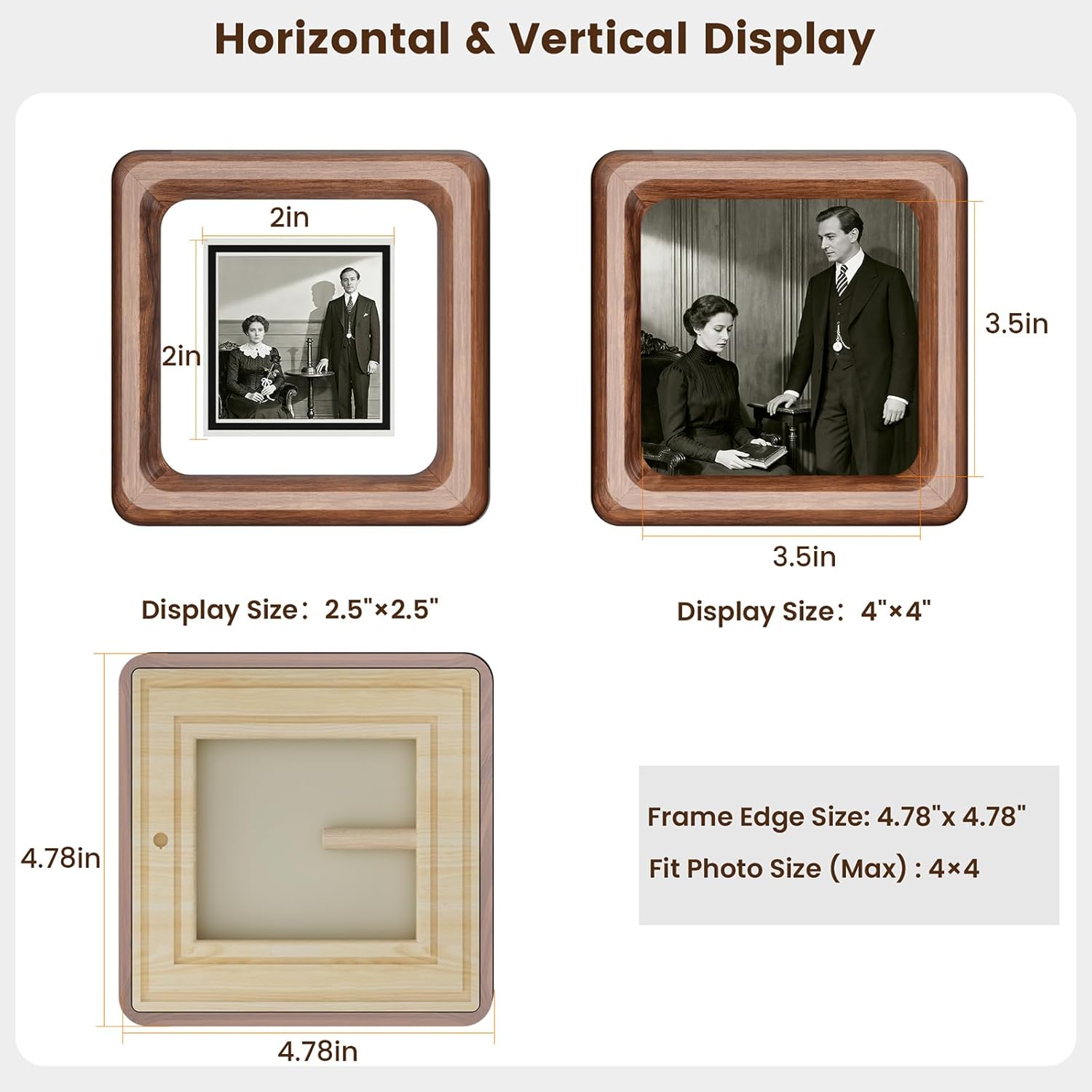 2 Pack 4x4 Premium Natural Walnut Wood Square Picture Frame, Handcrafted with Solid Wood Back & HD Tempered Glass, Rich Wood Grain, Matted for 2.5x2.5 Photos, Wall Mount or Tabletop Display