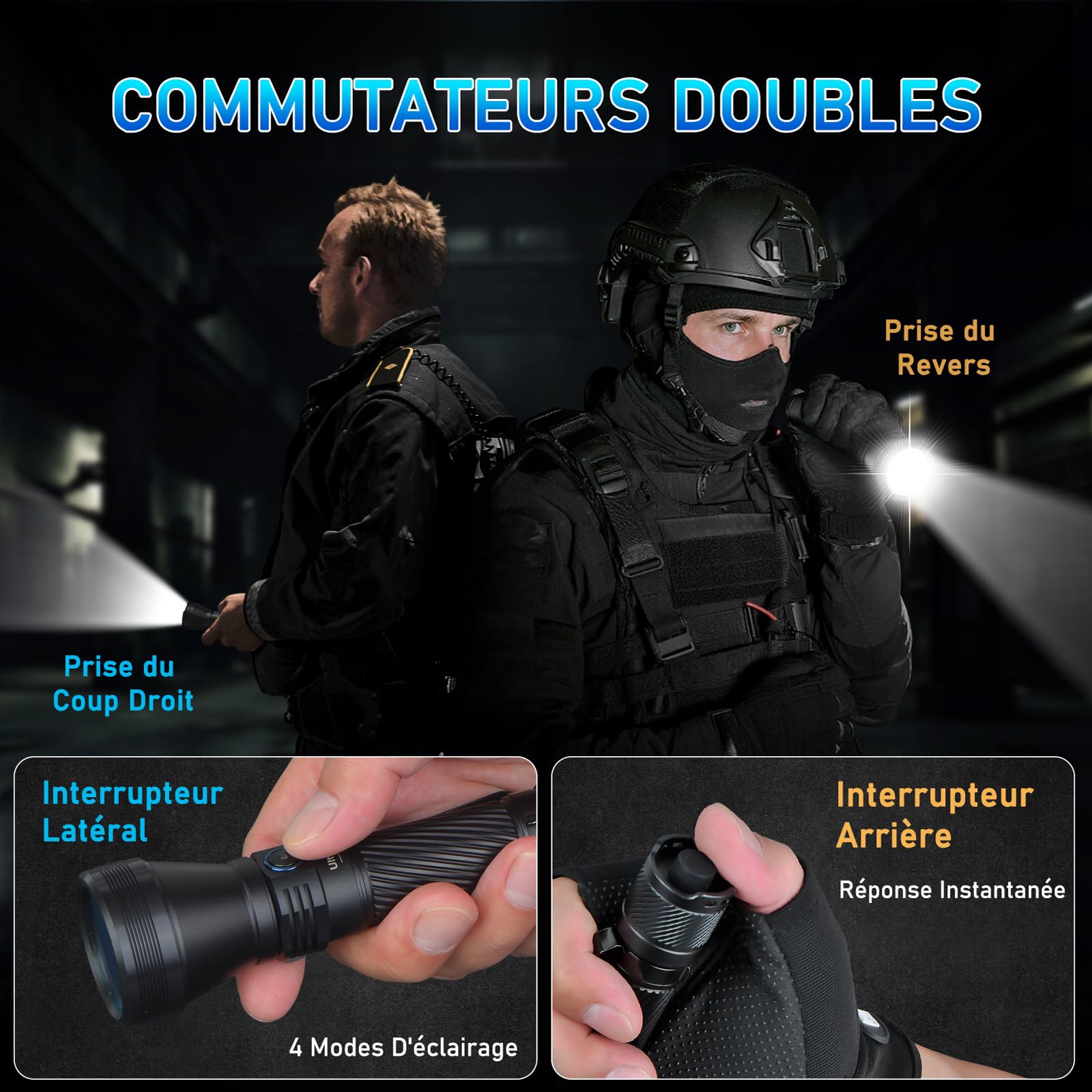 UltraFire Lampe de poche tactique de police avec étui - 1800 lumens - Rechargeable - LED - Pour la chasse - 3 lentilles filtrantes - Rouge/vert/bleu - 1804 FT Throw - 4 modes - Double interrupteur