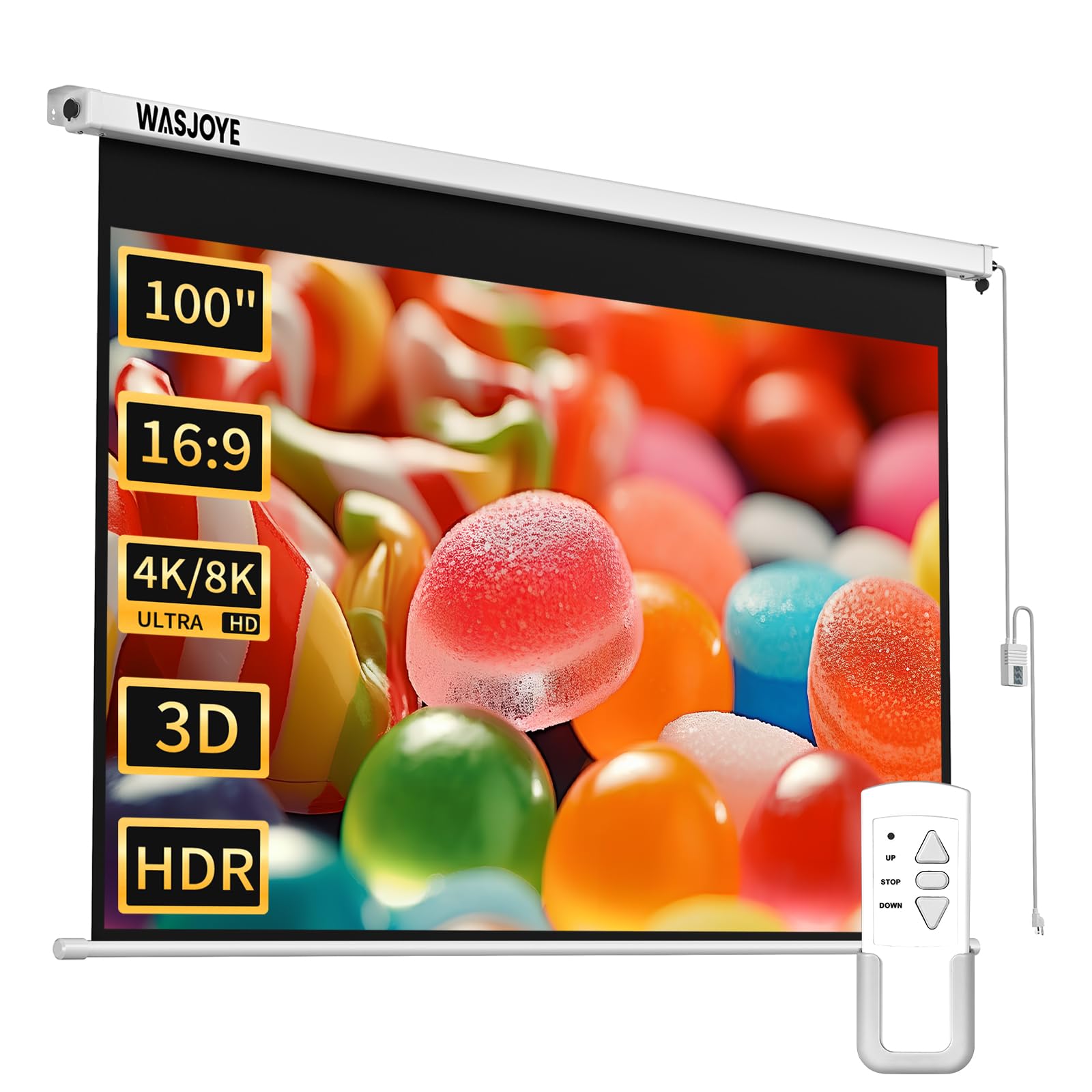 【早いもの勝ち】World Family  Projector WASJOYE Motorized Projector Screen, 8K Projection Screen Pull Down