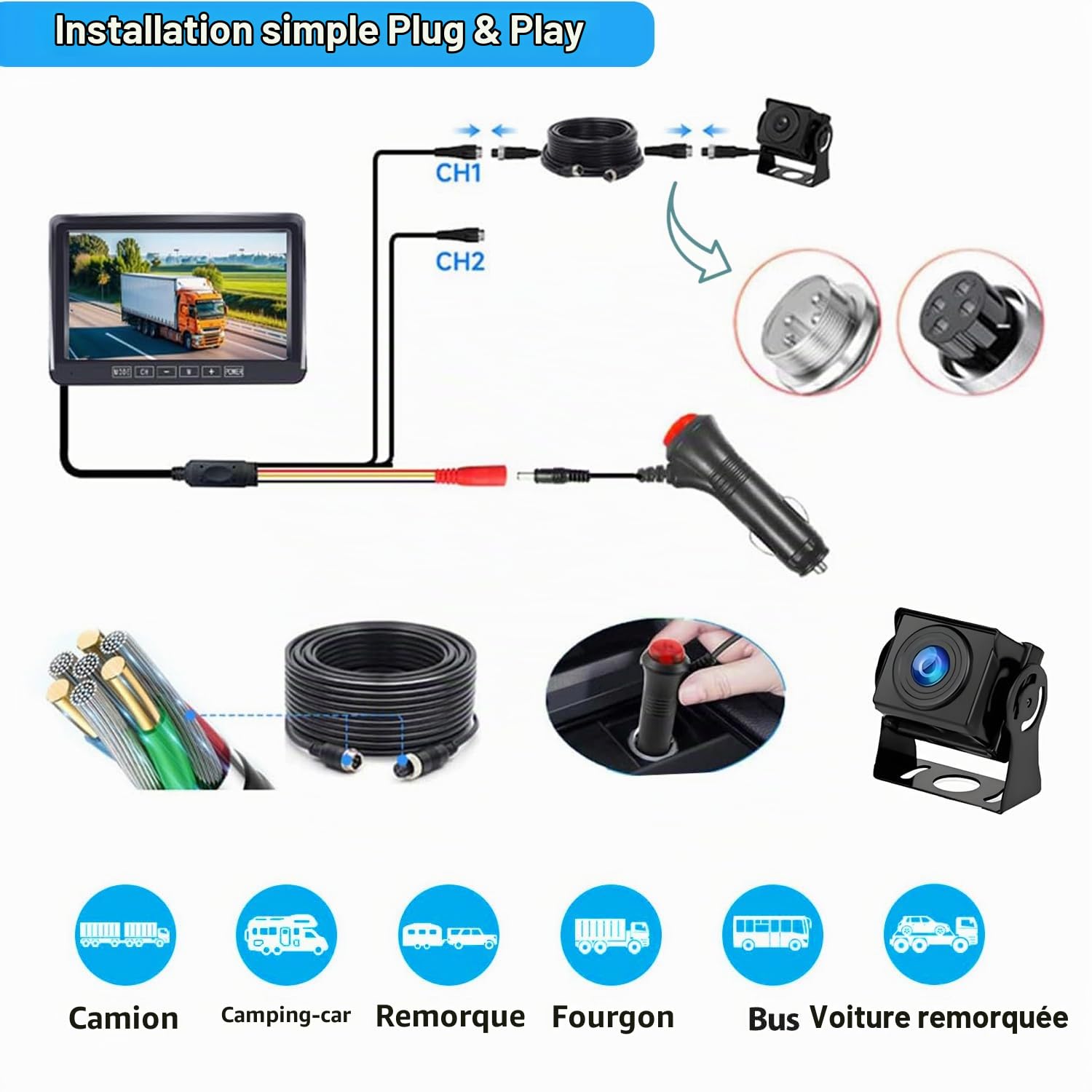 Caméra de Recul Filaire 1080P avec Écran HD 7 Pouces Vision Nocturne Couleur Starlight 12V-24V Caméra Compacte Facile à Installer pour SUV Voiture Camping-Car Camion Van IP69 Étanche Câble 15m