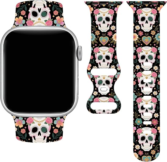 Halloween Skull Watch Band Compatible with Apple Watch, Silicone Strap Adjustable Replacement for All Series