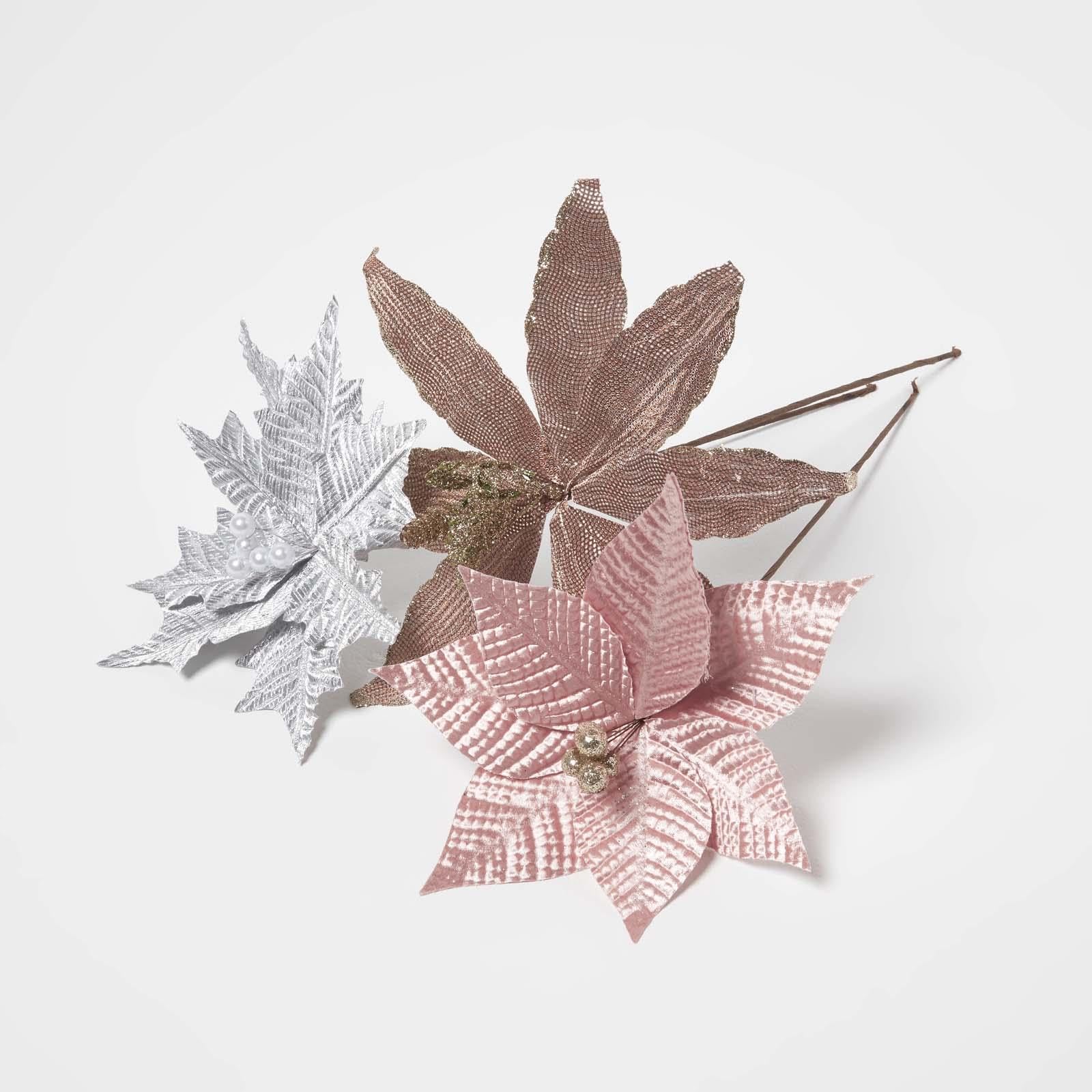 Homescapes Pink Artificial Set Of 3 Poinsettia Single Stem Decorations