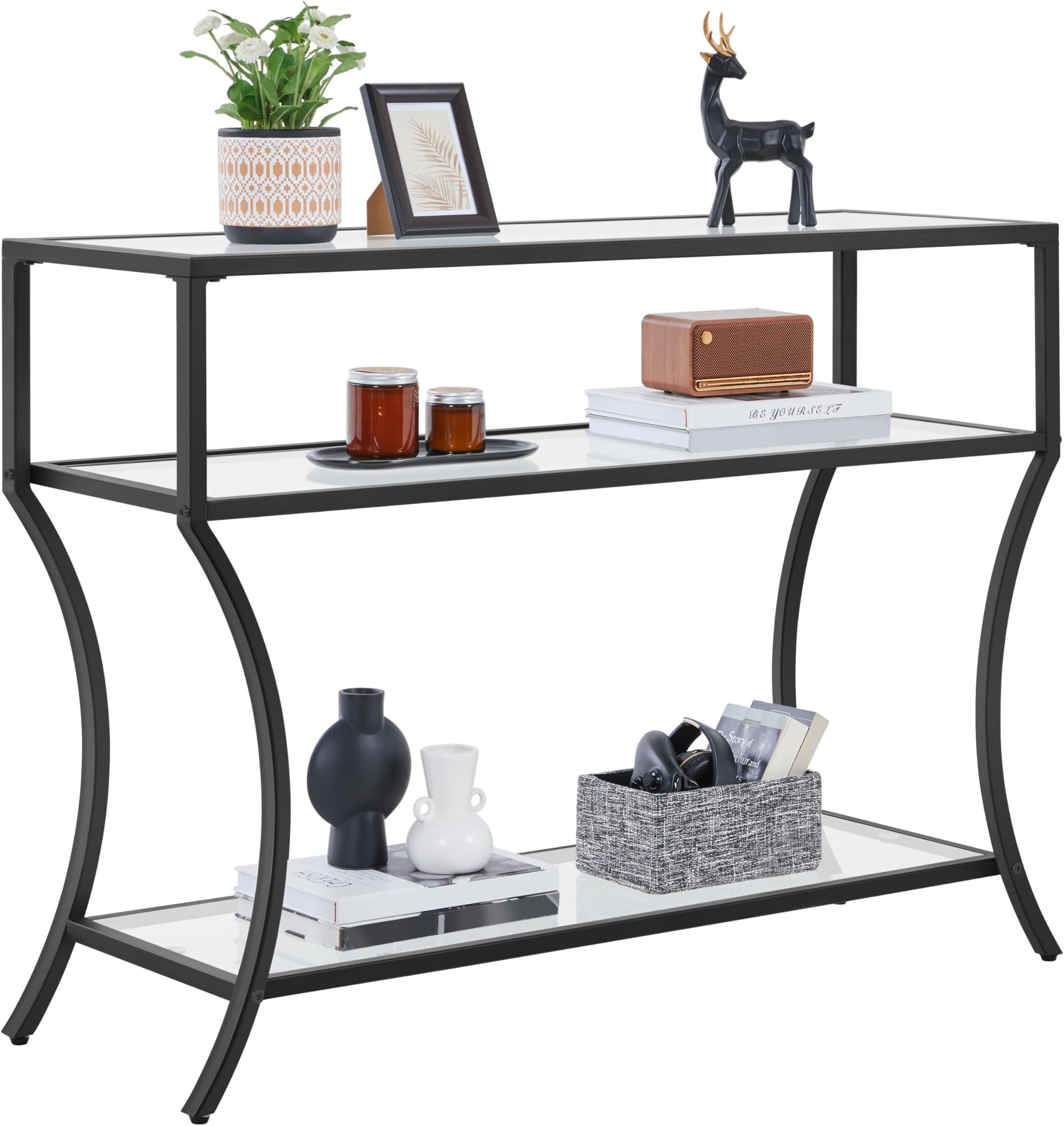 Garvee Konsolentisch 100x30x75cm - 4 Ebenen Beistelltisch Metallrahmen Glas