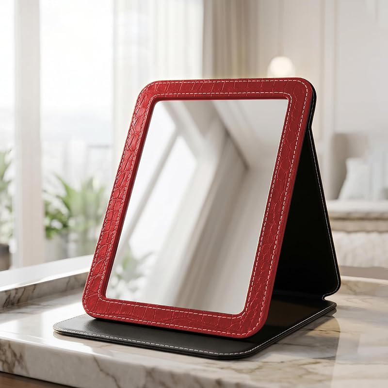 Espelho de mesa dobrável vermelho Ximruyuv com ângulo ajustável e suporte (MRed)