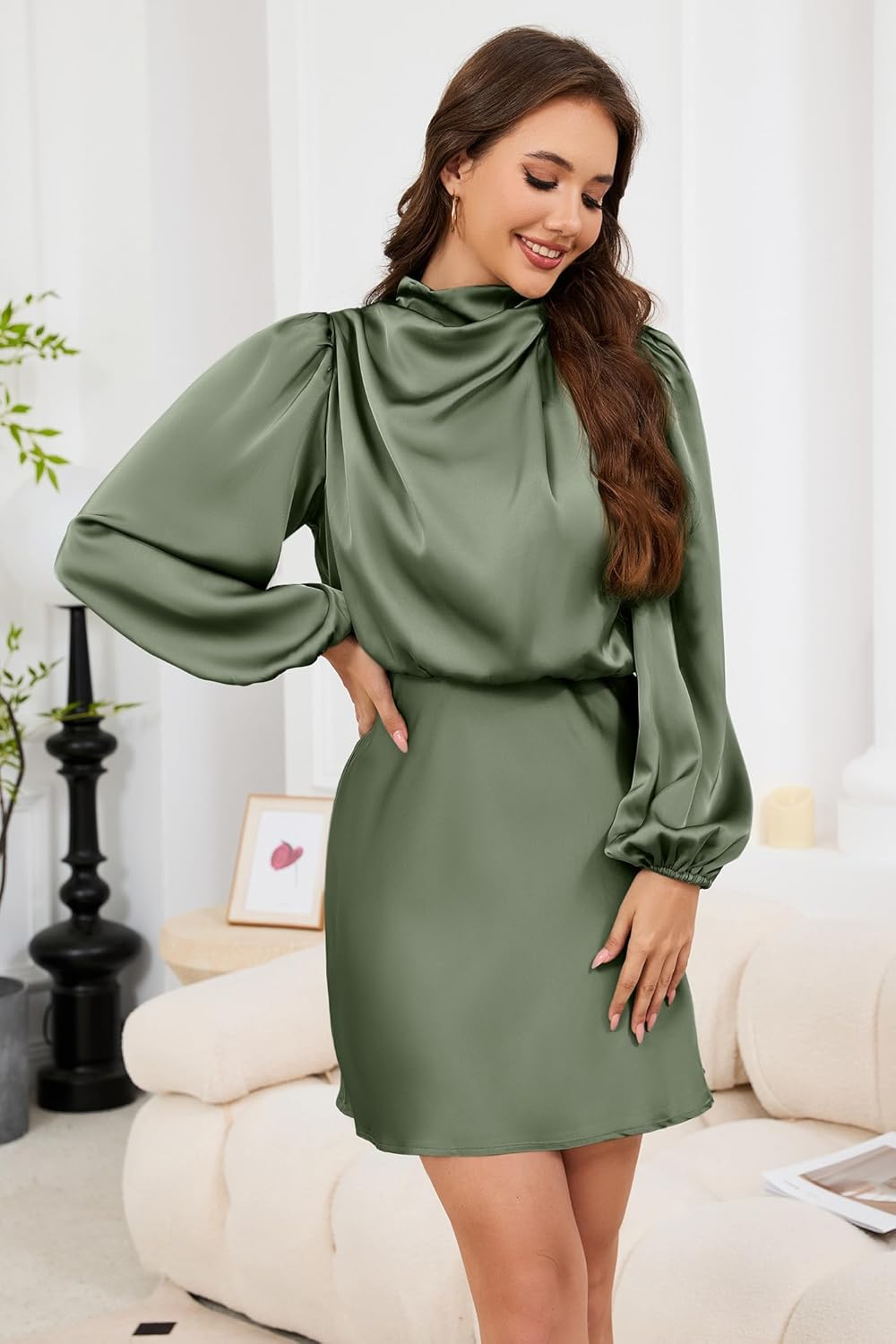 Cocktail Dresses for Women Long Sleeve Satin Short Formal Dress Elegant Mock Neck Silk Wedding Party Mini Dresses - Image 3