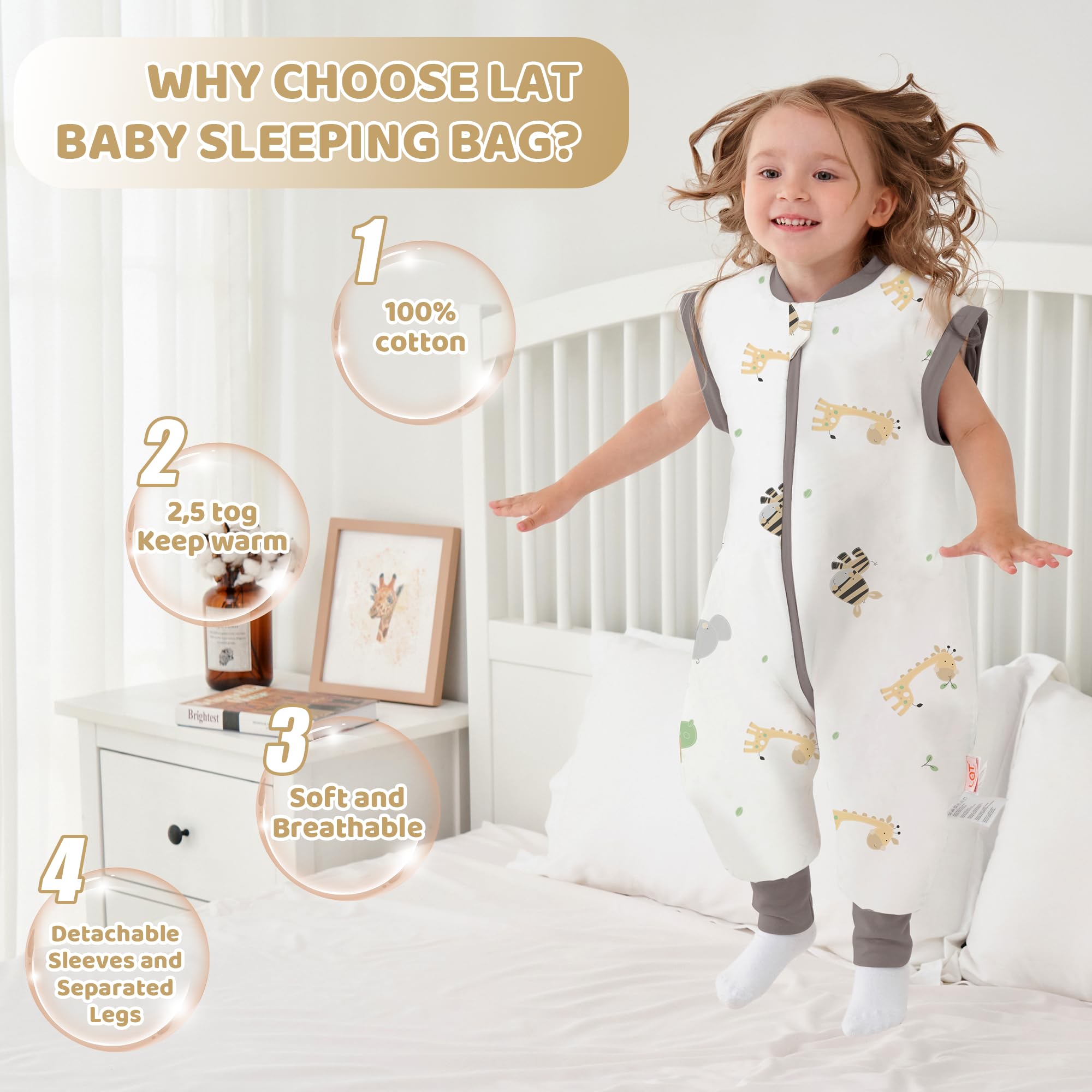 LAT Sacco Nanna Invernale, 2.5 Tog Sacco Nanna con Piedini e Maniche Staccabili, Sacco a Pelo in Cotone con Cerniera a 3 Vie per Bambini