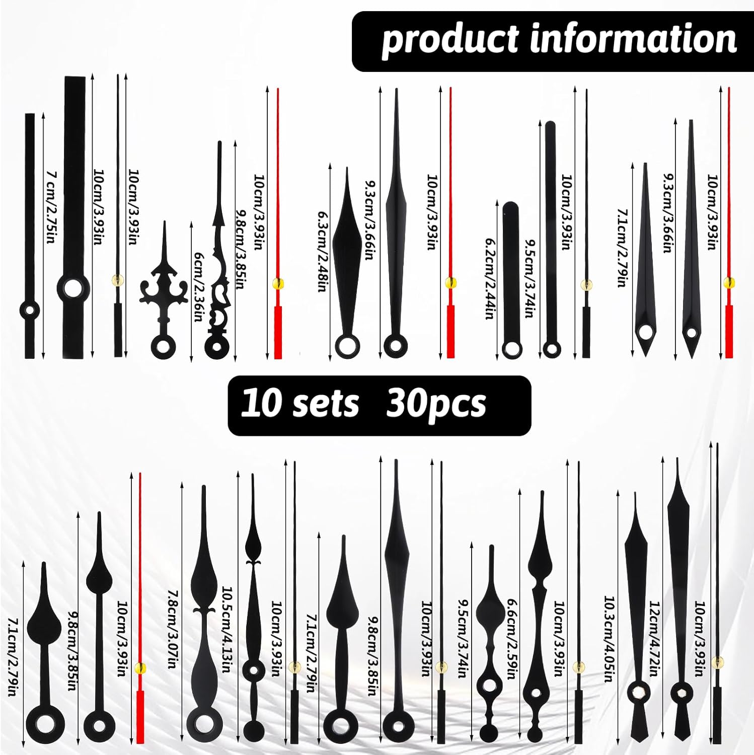 10 Styles Clock Hands Only Clock Mechanism Replacement Clocks Parts Clocks Hands Replacement Non Ticking Hand Long and Short Shaft DIY Repair Parts for Repair Black