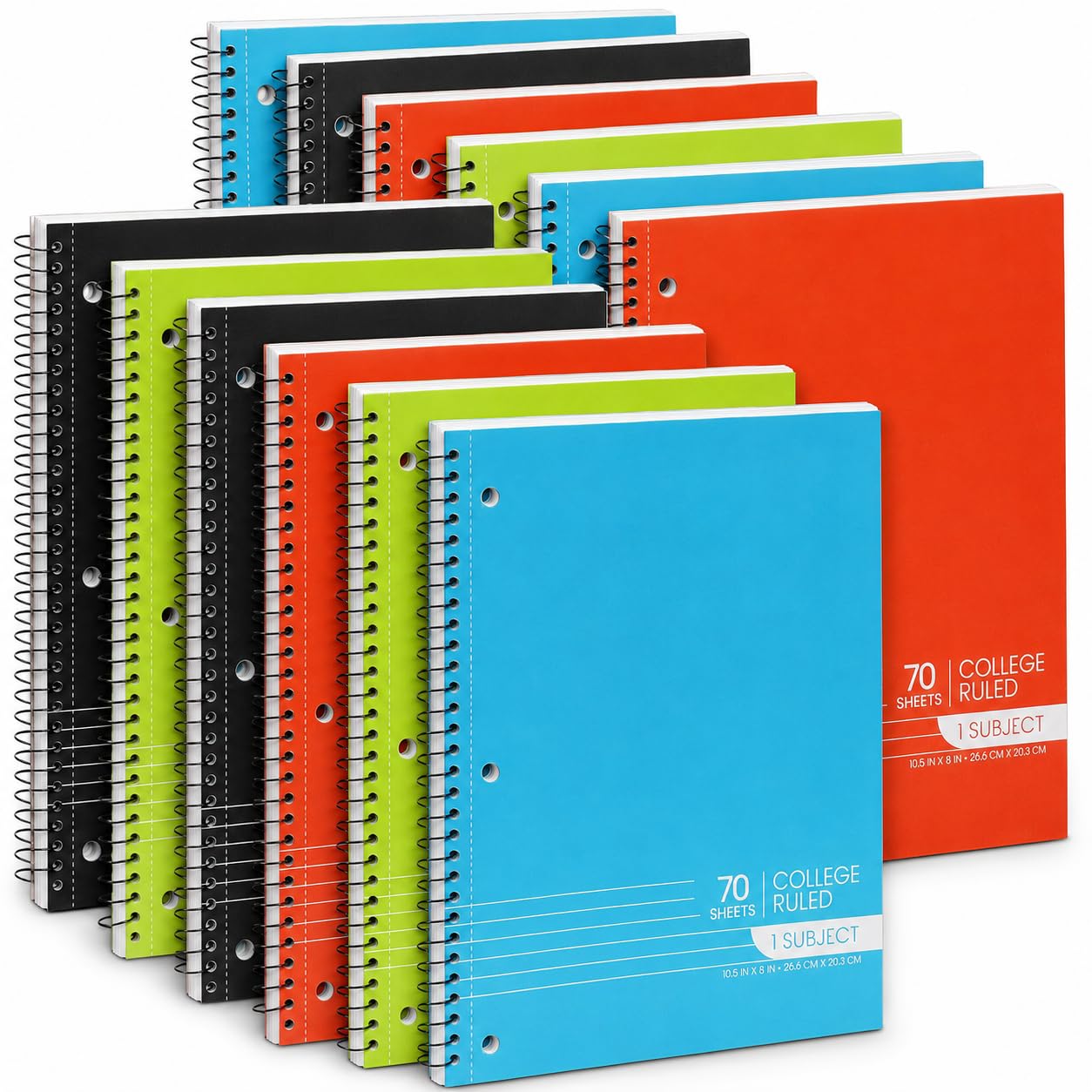 Quaderni a spirale, quaderni a 1 materia, quaderni a righe universitarie, 70 fogli, 3 fori forati, per scuola, scuola, scuola, casa, ufficio, pagine perforate, colori assortiti (12 pezzi)