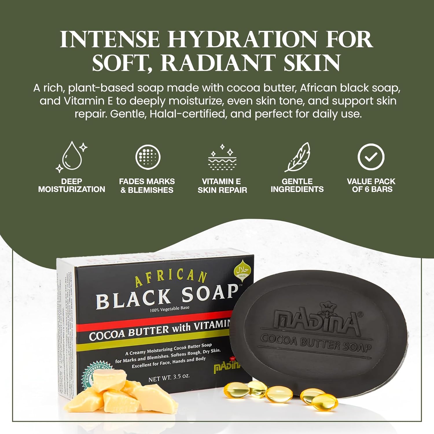 Madina African Black Soap Bar – Cocoa Butter, Vitamin E, Moisturizing, Skin-Restoring, Marks & Blemishes, Face & Body Cleanser, 100% Vegetable-Based, Halal, 6 Pack (3.5 oz Each)