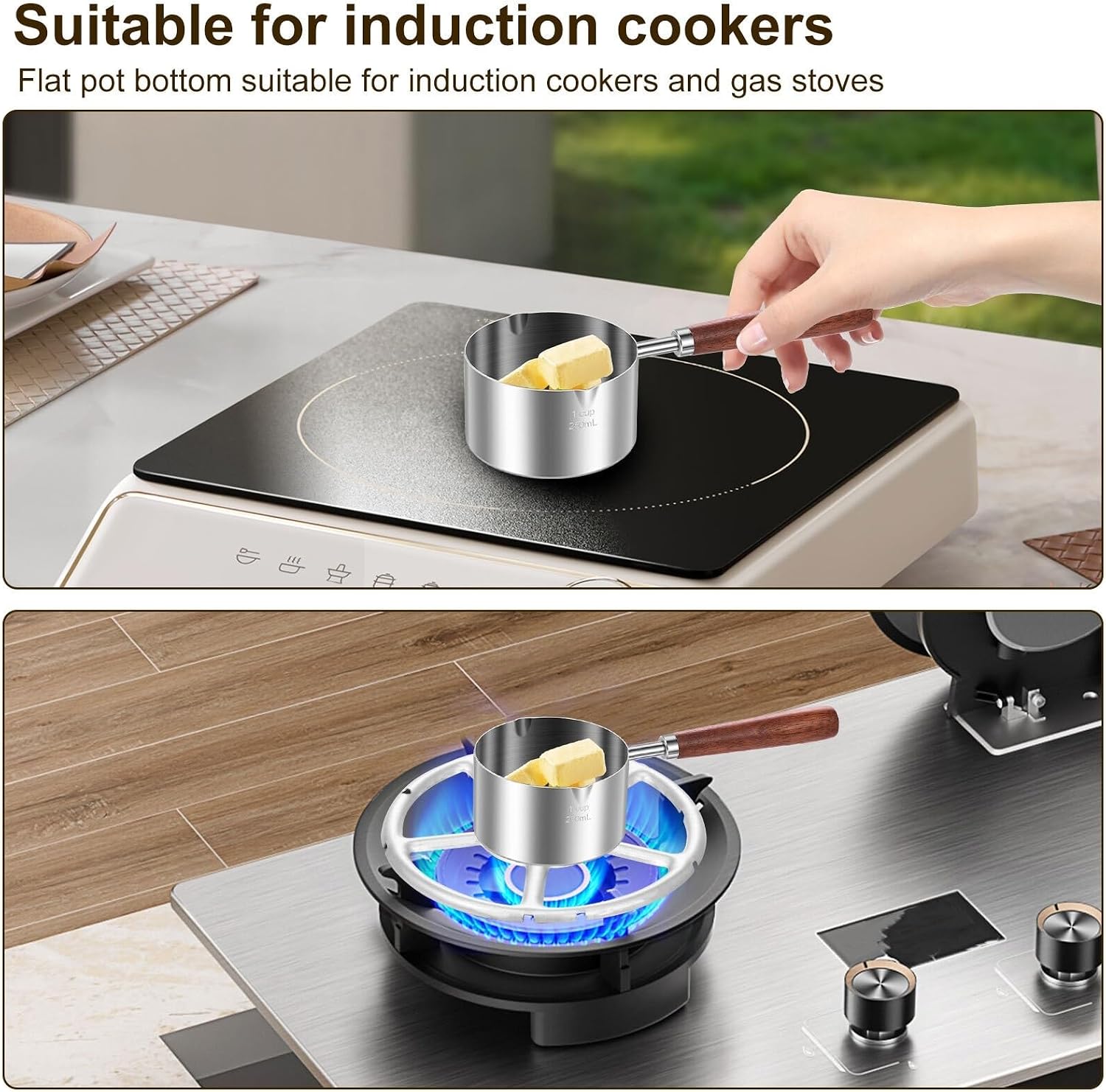 Stainless Steel Milk Pot Stainless Steel Cooking Sauce Cup With Stove Rack Butter Melting Pot Milk Warmer With Double Spouts And Long Wood Handles