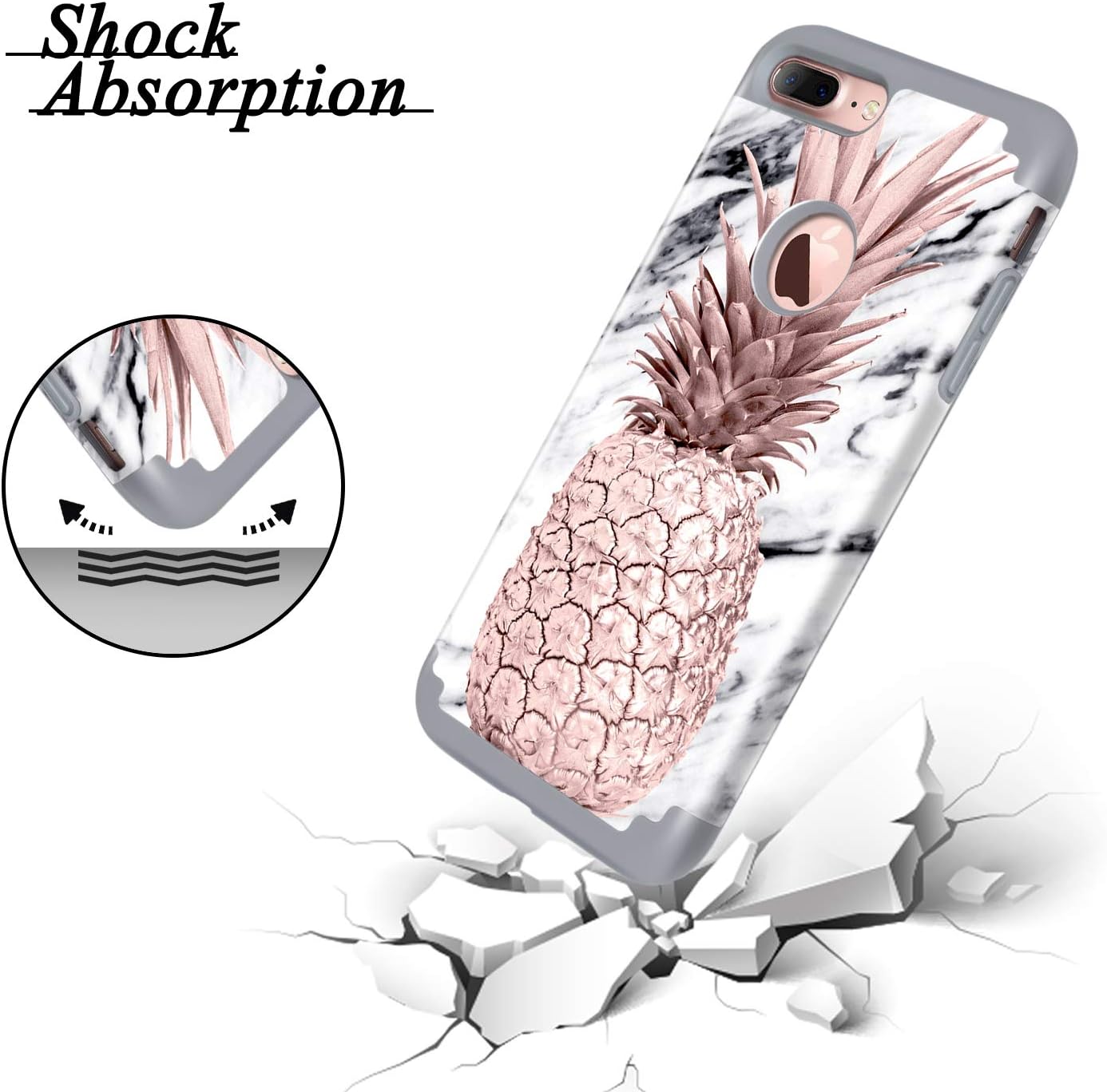 Dailylux Shockproof Case for iPhone 7 Plus, iPhone 8 Plus 5.5" - Slim Hybrid Hard PC + Soft Silicone Anti-Slip Protective Bumper Cover, Marble Pineapple + Gray