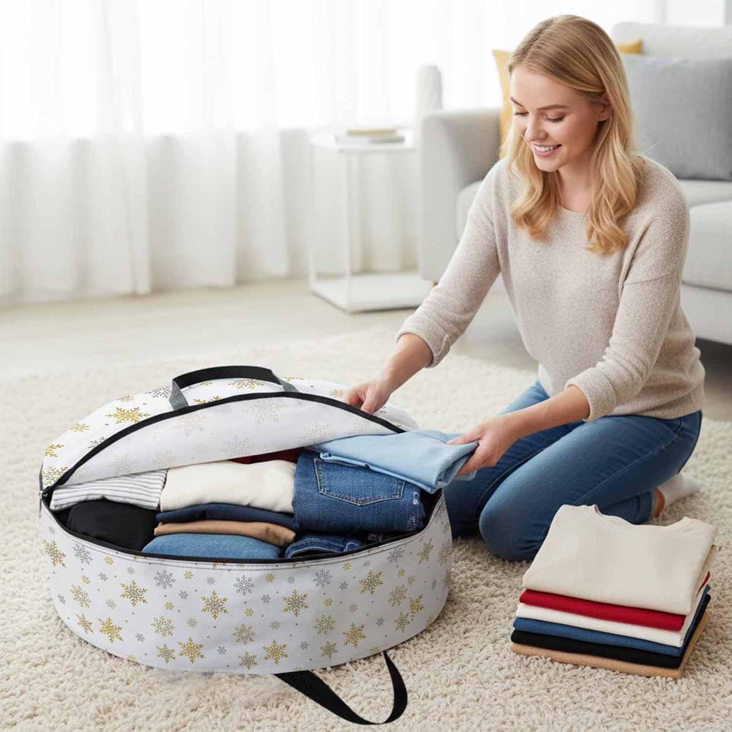 Christmas Gold Round Storage Bag 36 Inch, and Grey Snowflake White Clothes Storage Container with Handles Heavy Duty Organizer for Comforter, Bedding & Holiday Wreaths