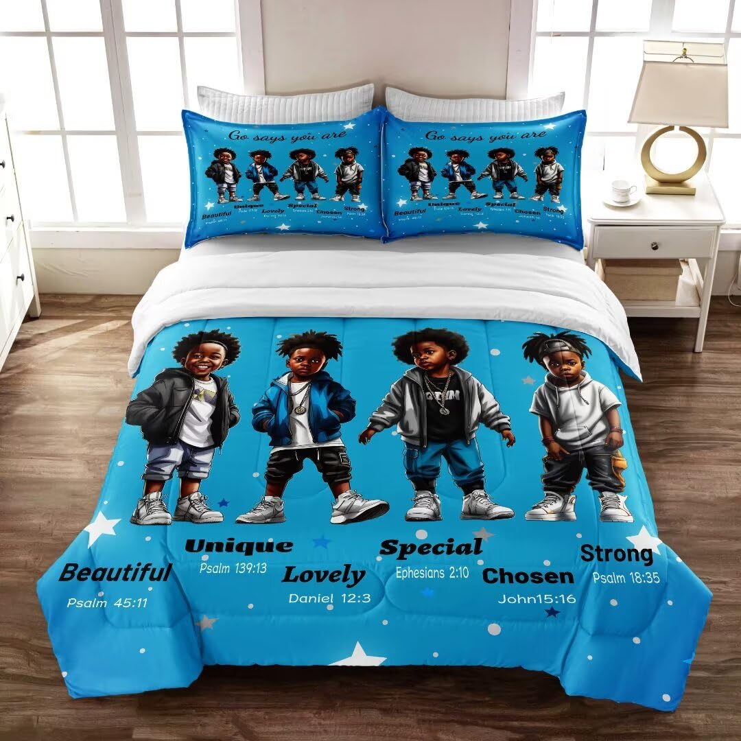 GRAT TIOC Black Boy Comforter Set for Kids Teens Twin,Cute Black African American Boy Bedding Set,Afro Boy Melanin God Says I Am Christian Bedroom Bed Set 3 Pcs with 2 Pillowcases, Pattern 03