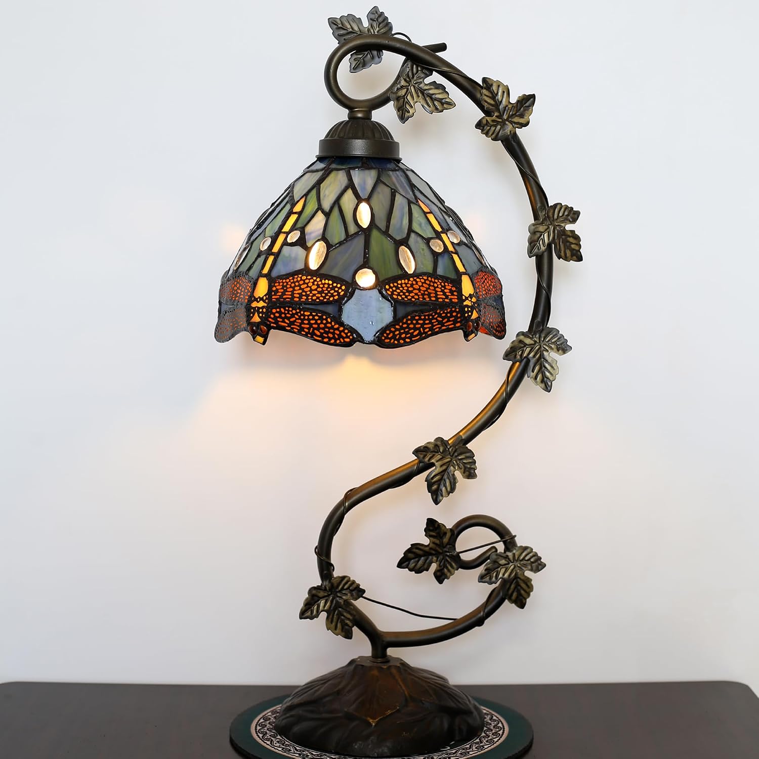 Tiffany Table Lamp Stained Glass Small Lamp 8 x 10 x 21 Inches Metal Leaf Base Bedroom Living Room Study Desk Reading Light (Blue Dragonfly Style)