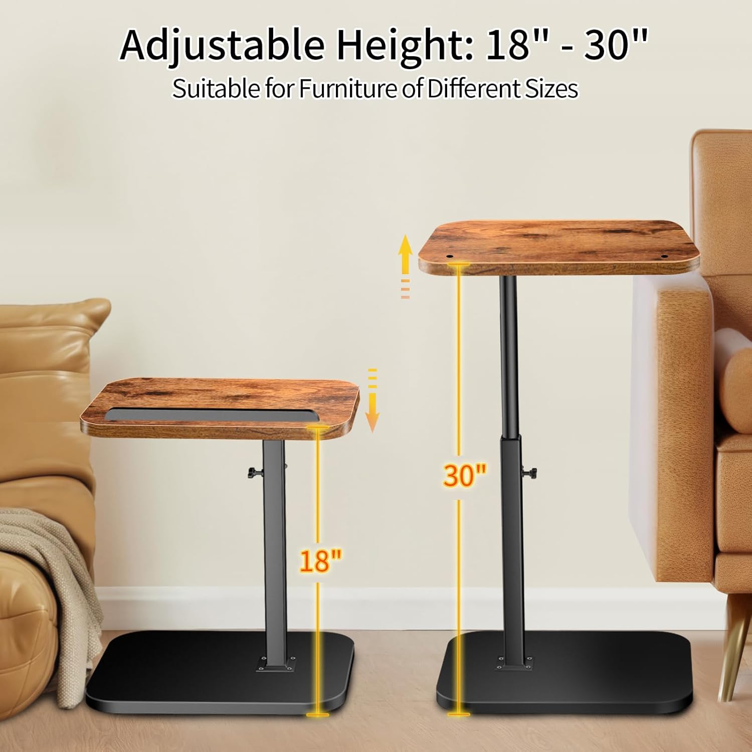 Small End Table Adjustable Height, 90° Flip-Over Panel Side Table for Small Spaces 360° Swivel TV Tray Couch Tables That Slide Under, Food Snack Trays for Sofa Bed Living Room